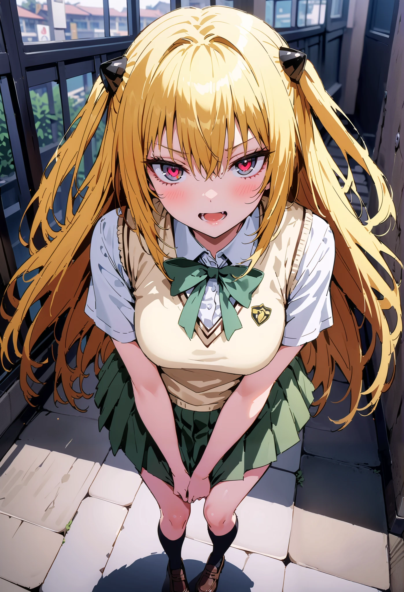score_9, score_8_up, score_7_up, source_anime,
toloverudarkness, darkness, yellow hair , long hair, red eyes, hair ornaments close to the garden, two side up,
Sainan school uniform, shirt, white shirt, bow, green bow, skirt, green skirt, pleated skirt, short skirt,sweater , light brown sweater vest, short sleeve,Black socks,loafers, skirtタグ, eyelashes skirt tug, skirt,black string panties, Lift of the Wind , mad at my anal, teary eyes in the store,embarrassing,opens her mouth, staring at you,angle from above,noon, bench,full bodyがイラストに入るように, break outdoors, School building,
break looking at viewer,full body,
break (masterpiece:1.2),Highest quality , kampala, Unity 8K Wallpaper ,(shape:0.8),( fine, beautiful eyes :1.6),It's a person ,full body写真,CG Details , ( perfect hands, complete anatomy),