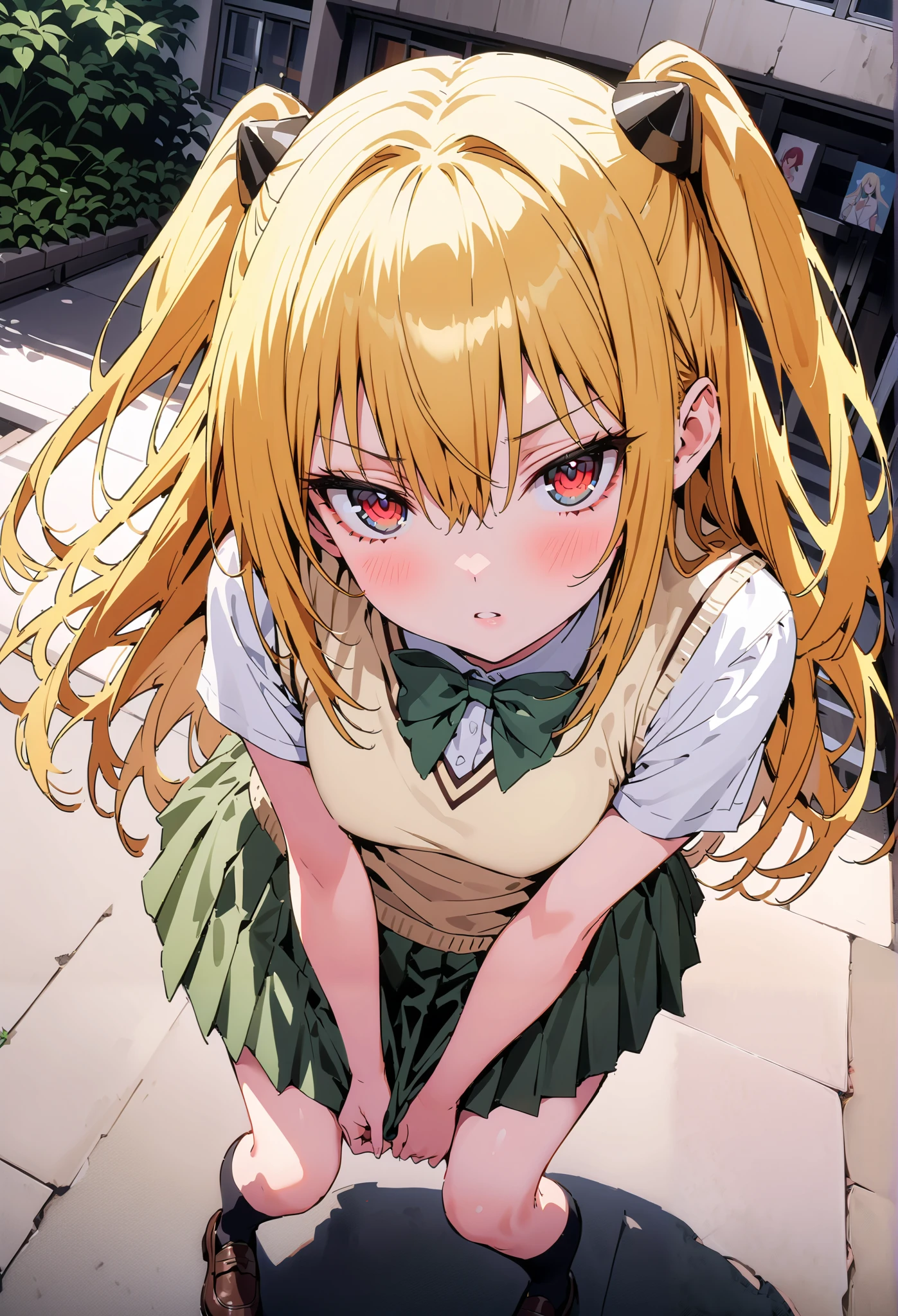  score_9,  score_8_up,  score_7_up,  source_anime,
toloverudarkness, darkness,   yellow hair  ,  long hair, red eyes, hair ornaments close to the garden, two side up,
Sainan school uniform,  shirt, white  shirt, bow, green bow,  skirt, green  skirt, pleated  skirt, short  skirt,sweater , light brown  sweater  vest, short sleeve,Black socks,loafers, skirtタグ, eyelashes  skirt tug, skirt,black string panties, Lift of the Wind , mad at my anal, teary eyes in the store,embarrassing,close your mouth, staring at you,angle from below,noon, bench,full bodyがイラストに入るように,                                                              break outdoors, School building,
break looking at viewer,full body,
break (masterpiece:1.2),Highest quality , kampala, Unity 8K Wallpaper ,(shape:0.8),(  fine, beautiful eyes  :1.6),It's a person ,full body写真,CG Details , ( perfect hands, complete anatomy),