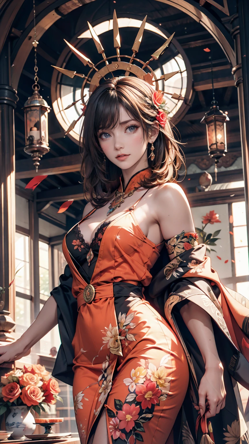 ((light brown long hair:1.9, wavy hair:1.6, asymmetrical hair:1.8, half up hair)), (shining blue eyes:1.4)beautiful, beautiful woman, perfect anatomy, perfect body, perfect breasts, (big breasts:1.3), ((kimono:1.8, choker:1.6)), ((Japan gardens in winter:1.98, torii)), captivating gaze, slight smile, realism, masterpiece, rough skin , Super detailed, high detail, high quality, 最high quality, 1080p, 16k 