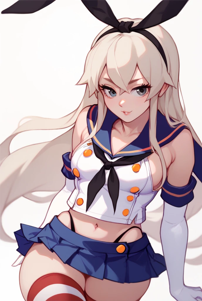 (masterpiece, best quality:1.2),illustration,8k,hd,1girl,solo,upper body,(portrait:1.2),long_hair,blonde_hair,elbow_gloves,underwear,striped_thighhighs,white_gloves,smile,navel,yellow eyes,highleg_panties,black_panties,anchor_hair_ornament,highleg,blush,school_uniform,crop_top,sailor_collar,hairband,hair_ornament,serafuku,miniskirt,pleated_skirt,blue_skirt,sleeveless,bare_shoulders,hair_between_eyes,grey_footwear,microskirt,midriff,neckerchief,collarbone,