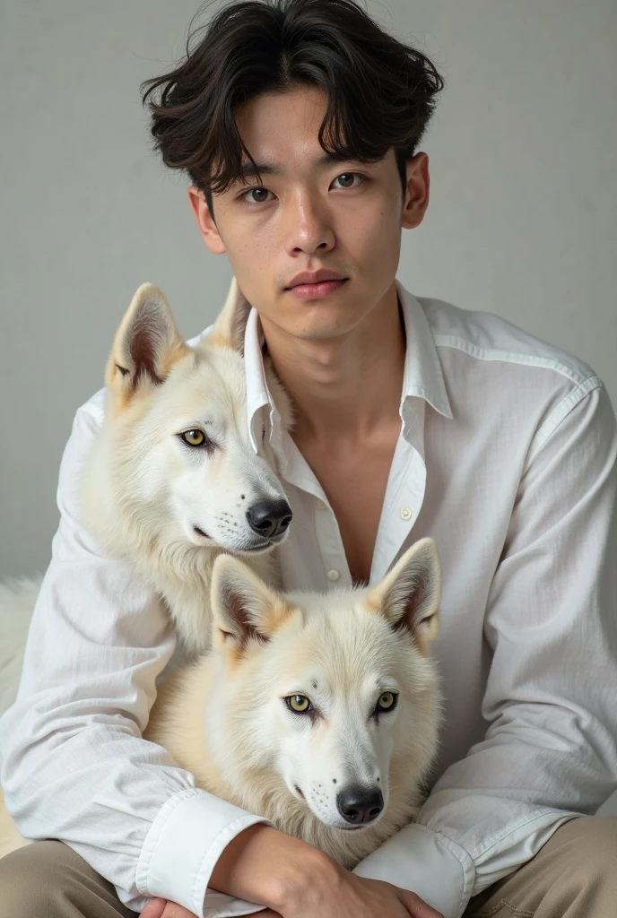 Create a bts Kim Seokjin image with semi long cut, black hair and a white shirt open at the chest, black pants and with a Gray Wolf at his side roaring