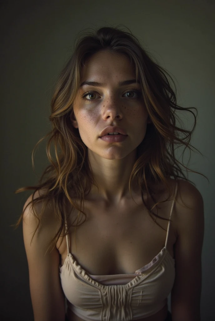 photo,8k,sharpness,lovely woman,toe,T-shirt,(detailed eyes:0.8),(en regardant la caméra:1.4),(la plus haute qualité),(best eyeshadow),Brown eyes,rim lighting,two-tone lighting,dimly lit,low-key,intricate details,interior,Brown hair:1.3,opened mouth:0.7,freckled, photo, (realistic:1.3), 8k, Brown hairs 