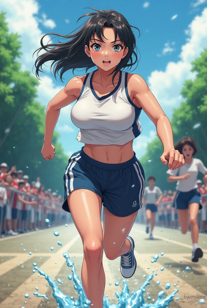 A girl was running, sweating profusely, her ponytail fluttering behind her. The scene is set during a sunny afternoon with a lush green park serving as the backdrop. The high resolution of 8K ensures every details of her glistening skin, sweat droplets catching the sunlight. The dynamic lighting and high quality shadows add a sense of realism to the image. The girl wears a short skirt and tank top, her breaths heavy as she approaches the finish line. Her determination is palpable, her focus unwavering. The surrounding environment, from the trees to the benches, is intricately detailed, adding depth to the image. This is a photograph of a