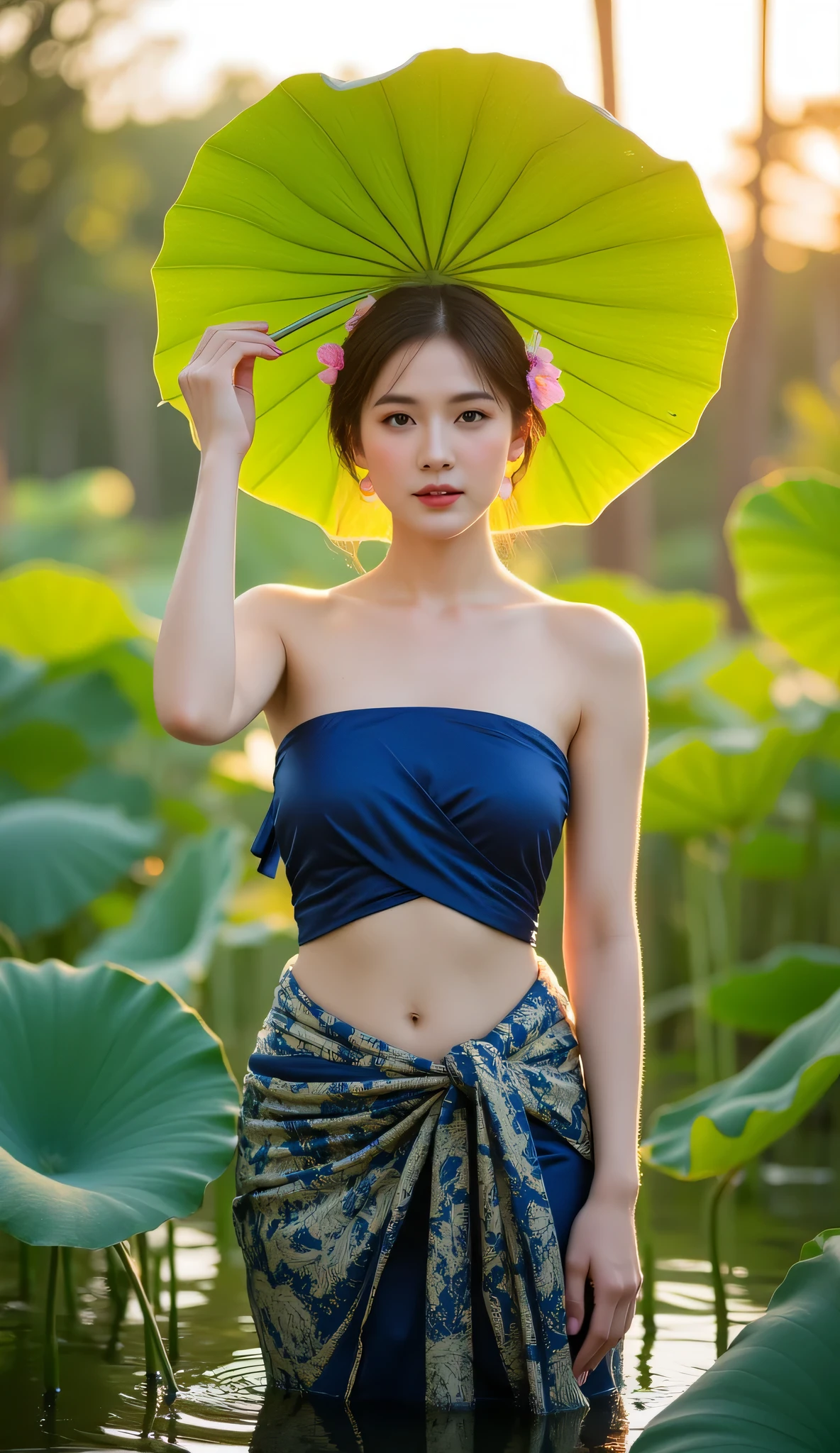 An elegant editorial-style photograph of a stunning Thai woman standing partially submerged in a lotus pond, gently holding a broad lotus leaf for shade. She wears a beautifully draped indigo tube top and a traditional patterned sarong, her hair styled in a loose bun decorated with delicate pink flowers. The golden sunlight filters through the surrounding lotus leaves, casting a warm glow on her flawless skin. The composition blends fashion with Thai cultural heritage, creating a visually striking and timeless portrait. "digital painting, traditional Thai art, soft brush strokes, elegant composition"
