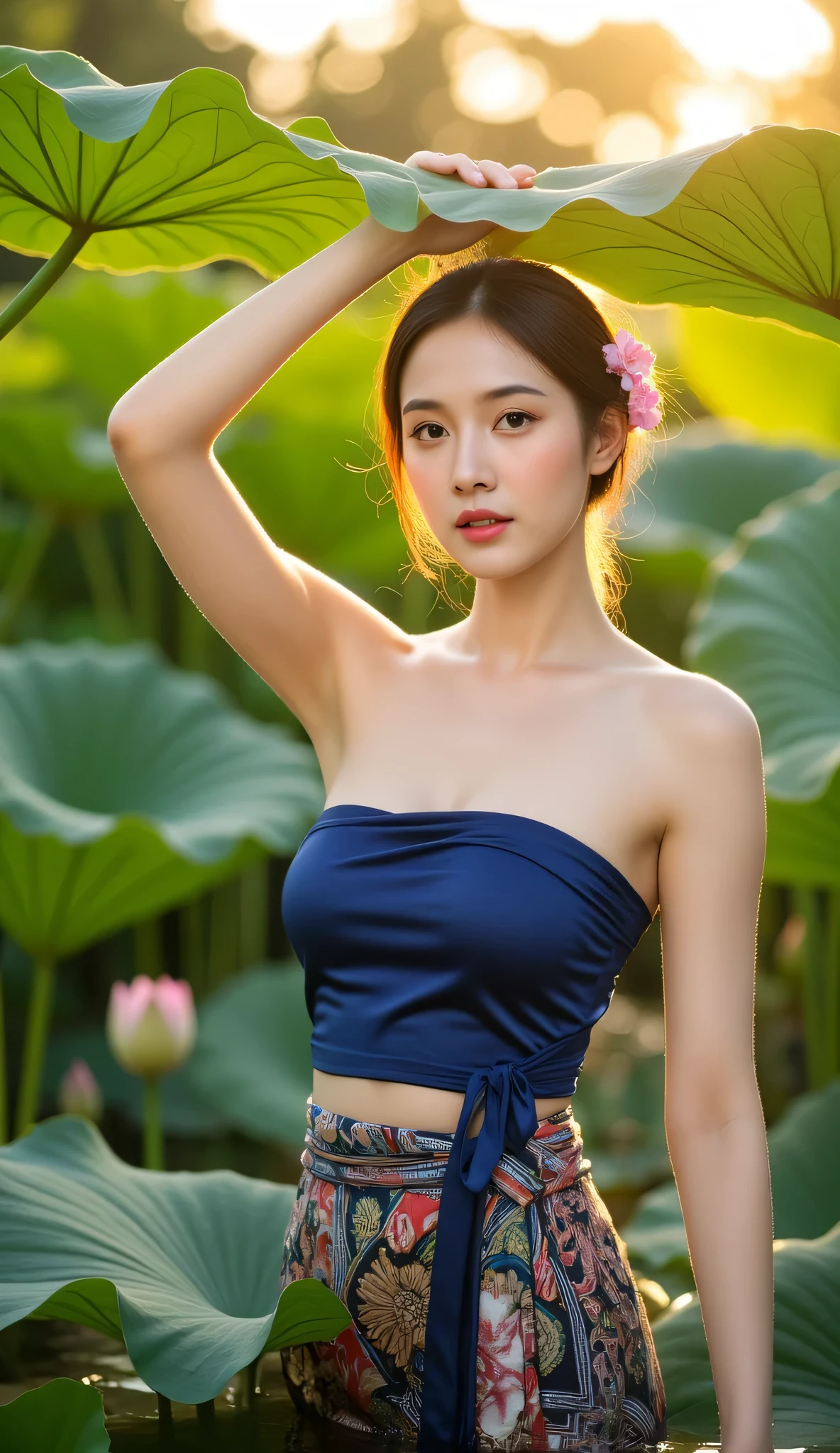 An elegant editorial-style photograph of a stunning Thai woman standing partially submerged in a lotus pond, gently holding a broad lotus leaf for shade. She wears a beautifully draped indigo tube top and a traditional patterned sarong, her hair styled in a loose bun decorated with delicate pink flowers. The golden sunlight filters through the surrounding lotus leaves, casting a warm glow on her flawless skin. The composition blends fashion with Thai cultural heritage, creating a visually striking and timeless portrait. "digital painting, traditional Thai art, soft brush strokes, elegant composition"
