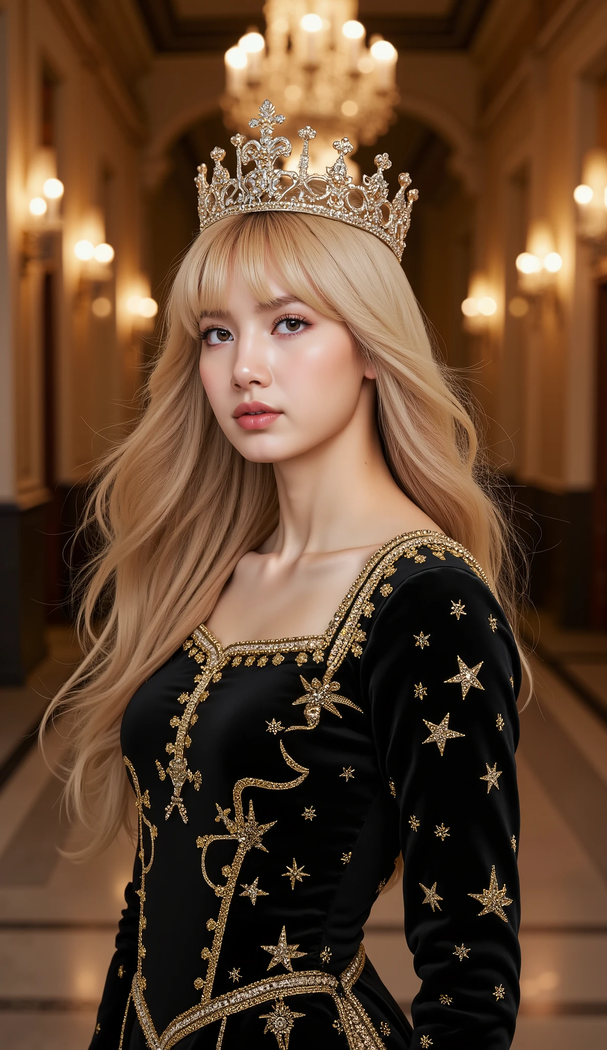 Fantasy art, (front focus ), 1girl , Alone, blonde hair, king's crown, wears a black-gold dress, sharp gaze, He was in the palace hallway., very realistic, 8k