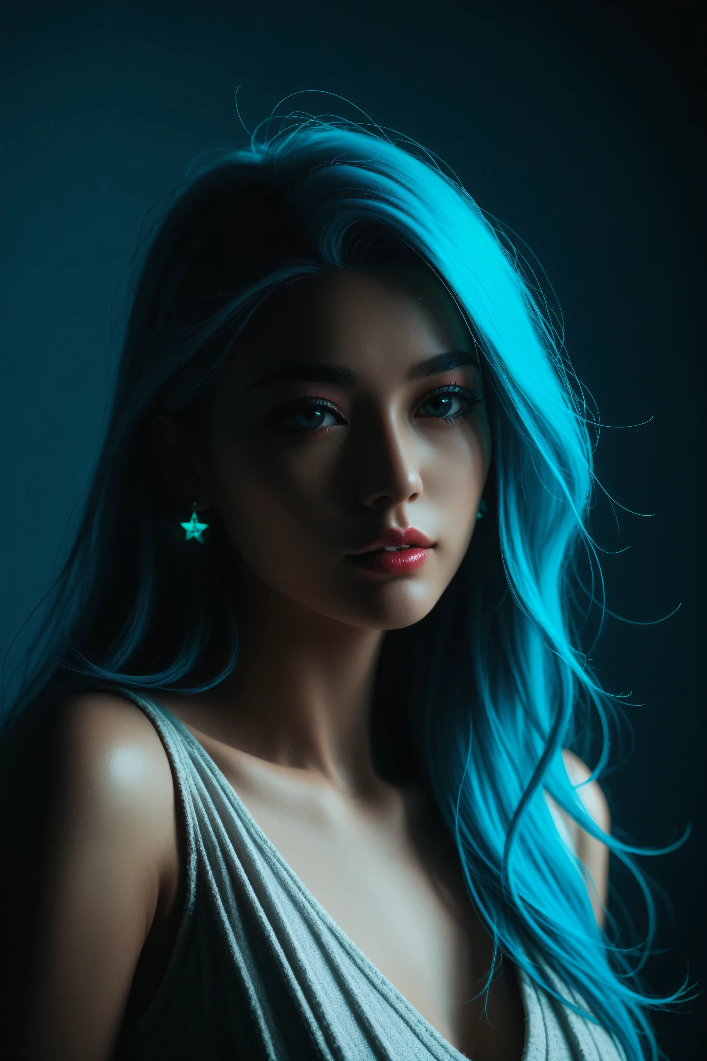 Expressionist artwork image of a single floating ceramic head, face, korean woman, colorful, color splash, neon colors, make it weird and gallery worthy