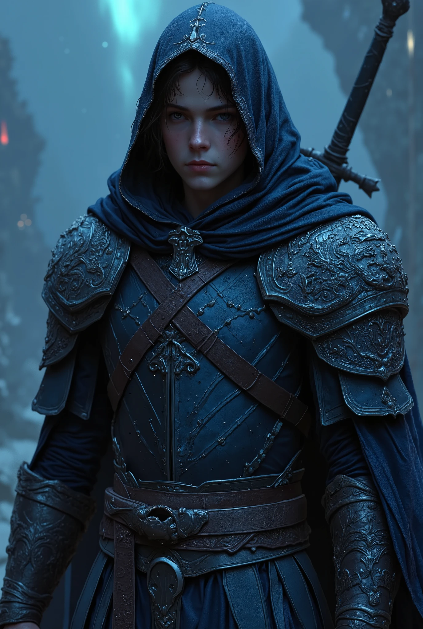 Warrior, a young guy wearing a cloak with a hood, his vest is made of sturdy leather, his shoulders are reinforced with dark metal plates carved with dragon decorations, his left forearm is made of black metal carved with runes that glow, medieval theme, his sword is a dark blue metal with runes that glows dimly in the night, night ambience, black mist, night with northern lights
