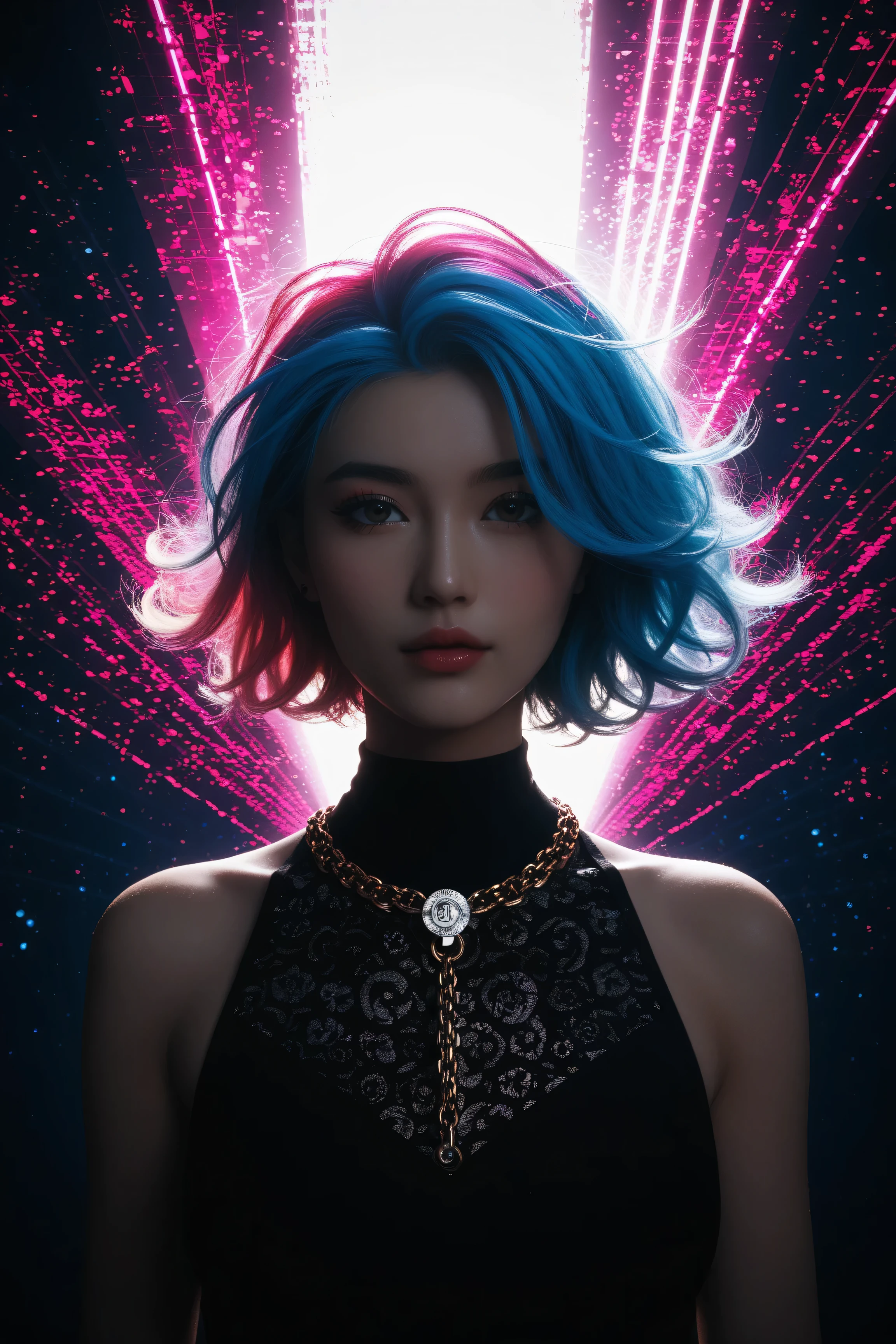 Expressionist artwork image of a single floating ceramic head, face, korean woman, colorful, color splash, neon colors, make it weird and gallery worthy