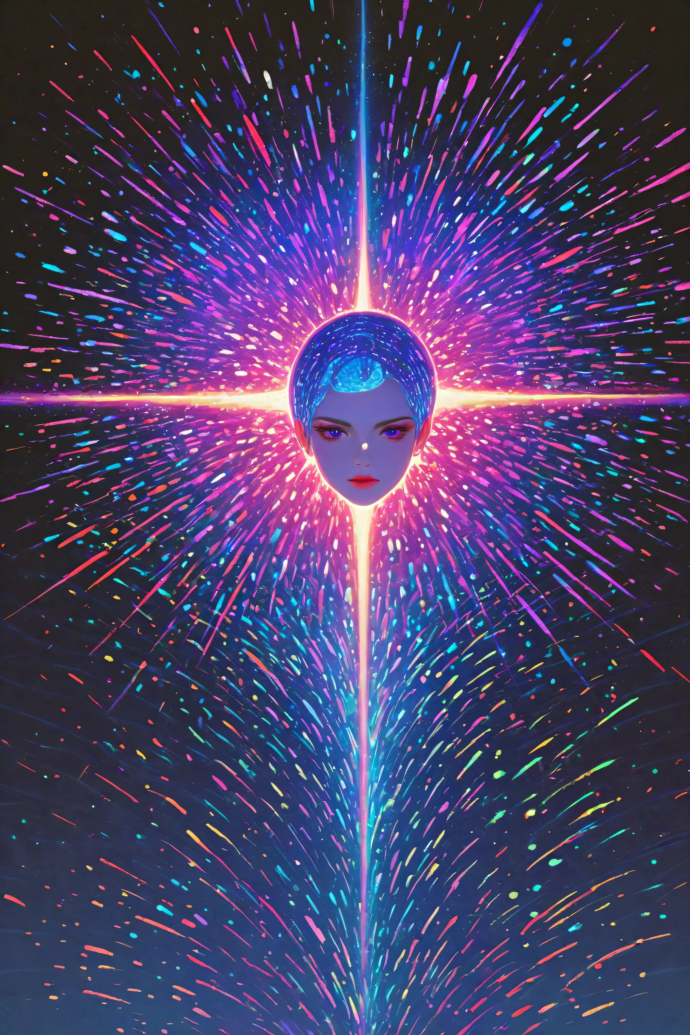Expressionist artwork image of a single floating ceramic head, face, korean woman, colorful, color splash, neon colors, make it weird and gallery worthy