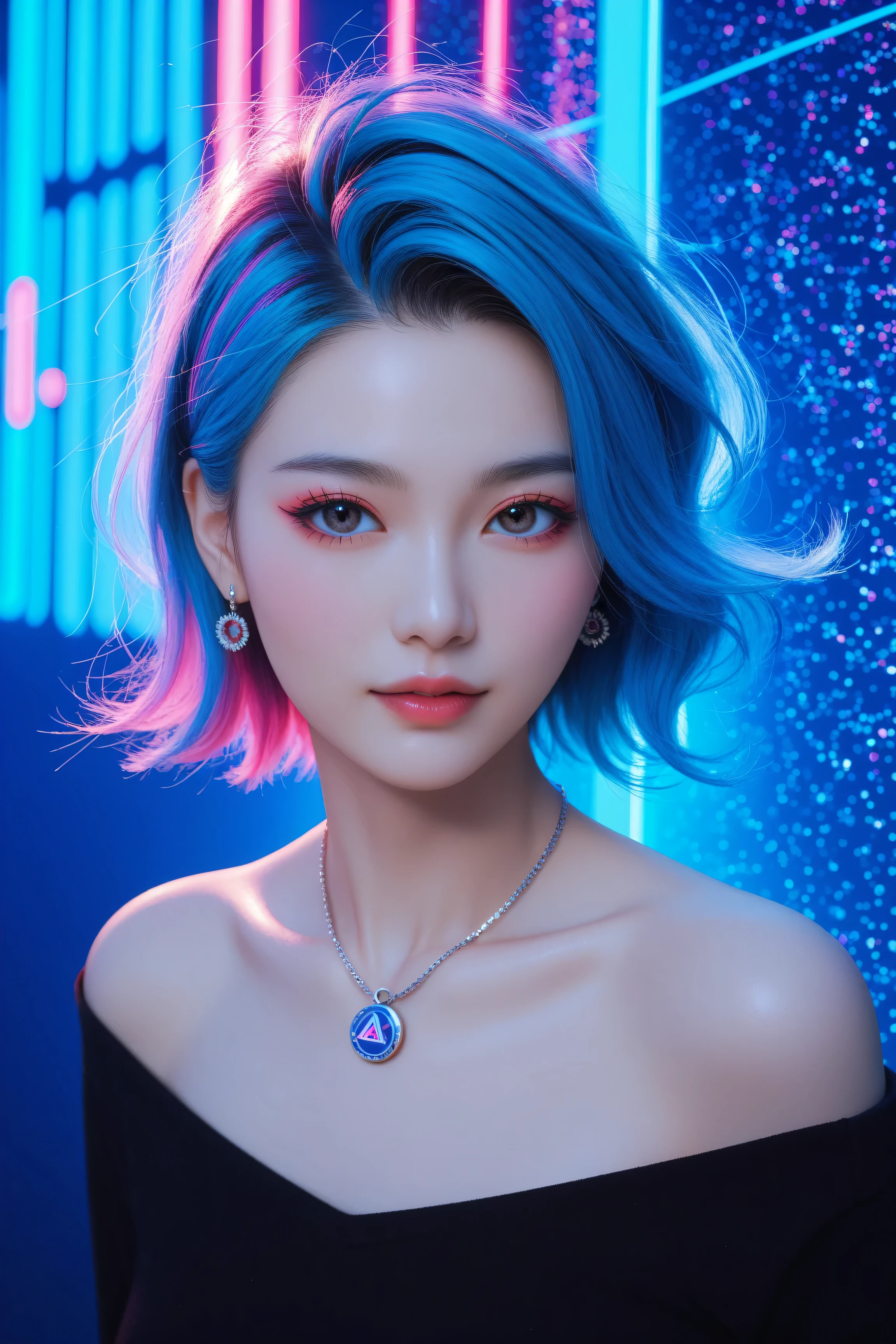 Expressionist artwork image of a single floating ceramic head, face, korean woman, colorful, color splash, neon colors, make it weird and gallery worthy