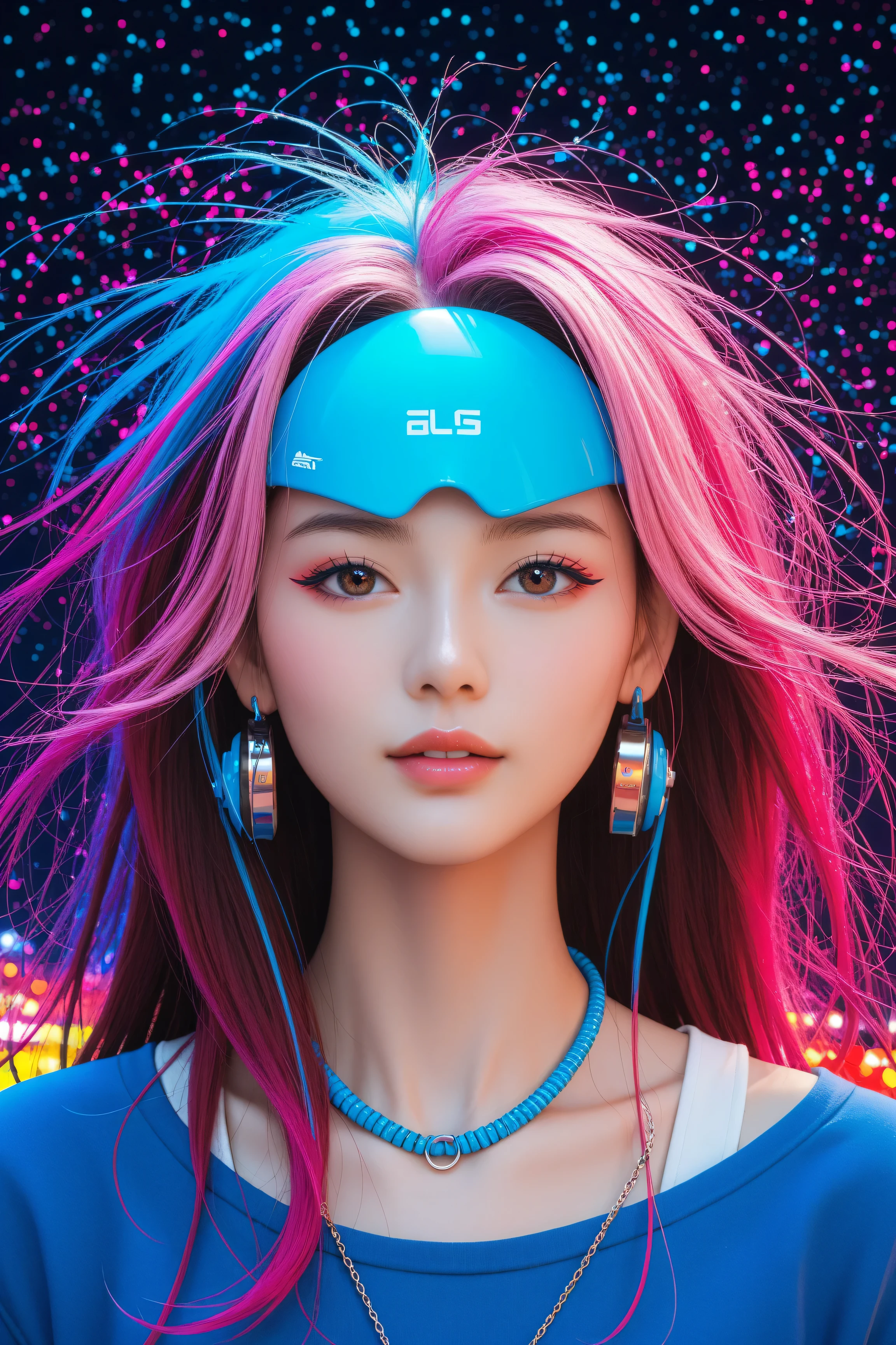 Expressionist artwork image of a single floating ceramic head, face, korean woman, colorful, color splash, neon colors, make it weird and gallery worthy
