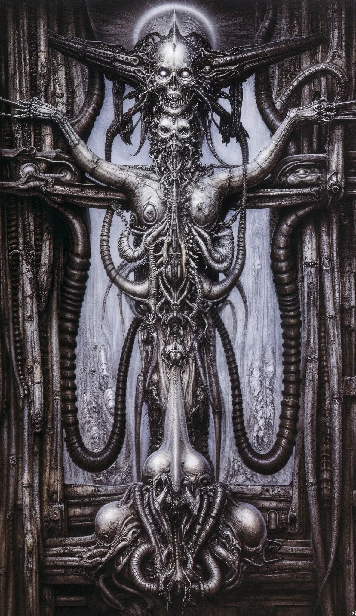 Please reproduce the original image as accurately as possible, capturing the intricate details of the biomechanical structures, the dramatic lighting, and the overall sense of unease. Find and enhance depiction of Giger's demons and creatures.(best quality:1.4). Use DARK BLACK COLORS.The final image should evoke the same sense of awe and dread as the original artwork by H.R. Giger,, (best quality:1.4), H.R. GIGER, BY GIGER, a mural depicting a woman with dark powers connected to death and darkness, tendrils stretch from her fingertips, monsters lay at her feet, she is the mother of monsters, she feeds the monsters via tentacles on her fingertips,
