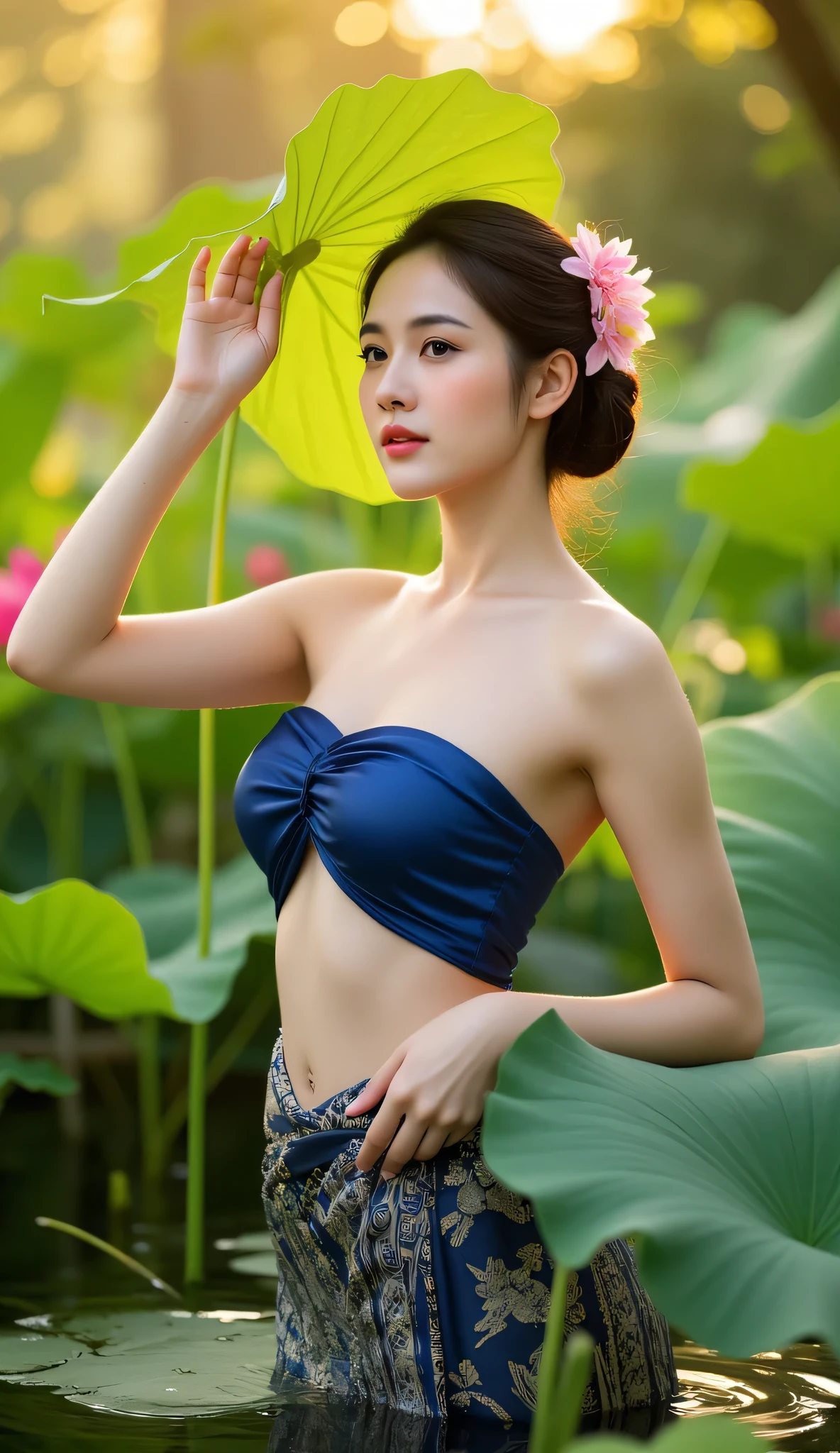 An elegant editorial-style photograph of a stunning Thai woman standing partially submerged in a lotus pond, gently holding a broad lotus leaf for shade. She wears a beautifully draped indigo tube top and a traditional patterned sarong, her hair styled in a loose bun decorated with delicate pink flowers. The golden sunlight filters through the surrounding lotus leaves, casting a warm glow on her flawless skin. The composition blends fashion with Thai cultural heritage, creating a visually striking and timeless portrait. "digital painting, traditional Thai art, soft brush strokes, elegant composition"