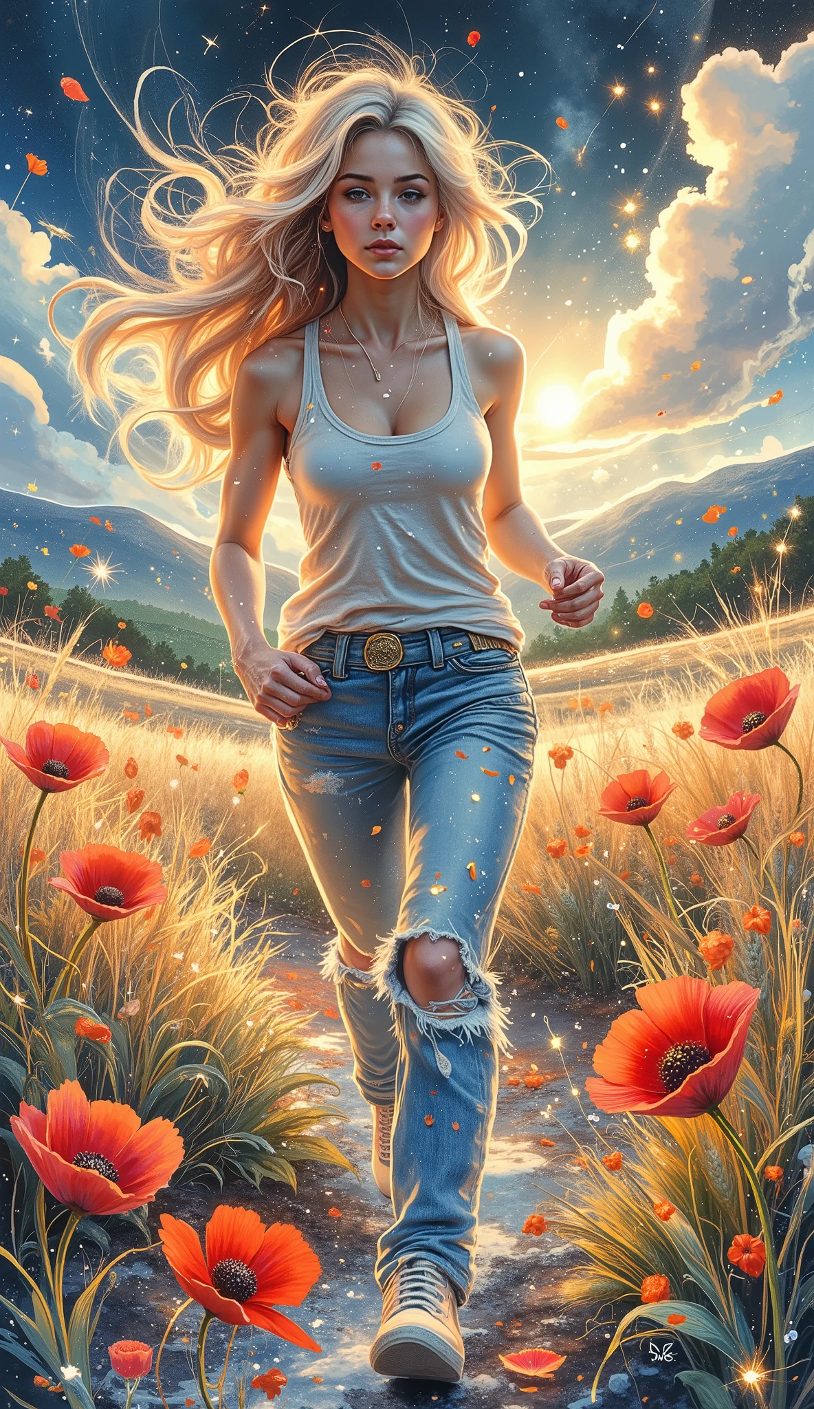 Strong wind blowing. Dynamic frame.  Bright poppies and golden ears of wheat bend in a strong wind. The petals of the poppies scatter in the wind. A young asthenic woman with long blonde hair runs through a field against the wind along the border between red poppies and wheat. The woman's figure is tense and tilted against the wind. The woman's clothes and hair flutter in the wind, creating a feeling of overcoming and fighting the elements. The sun breaks through the clouds, creating bright rays of light. There are green hills in the background. The color scheme highlights the contrast between the delicate and airy figure of a fragile woman and the mighty force of nature.  The landscape evokes a sense of anxiety, nostalgia and the beauty of nature.Side view.  The poppies in the foreground and the figure of a running woman are most clearly visible. The shallow depth of field blurs wheat and distant hills. Photorealistic, natural light, muted colors. Impressionistic, painterly style. The rule of thirds. Stylization.