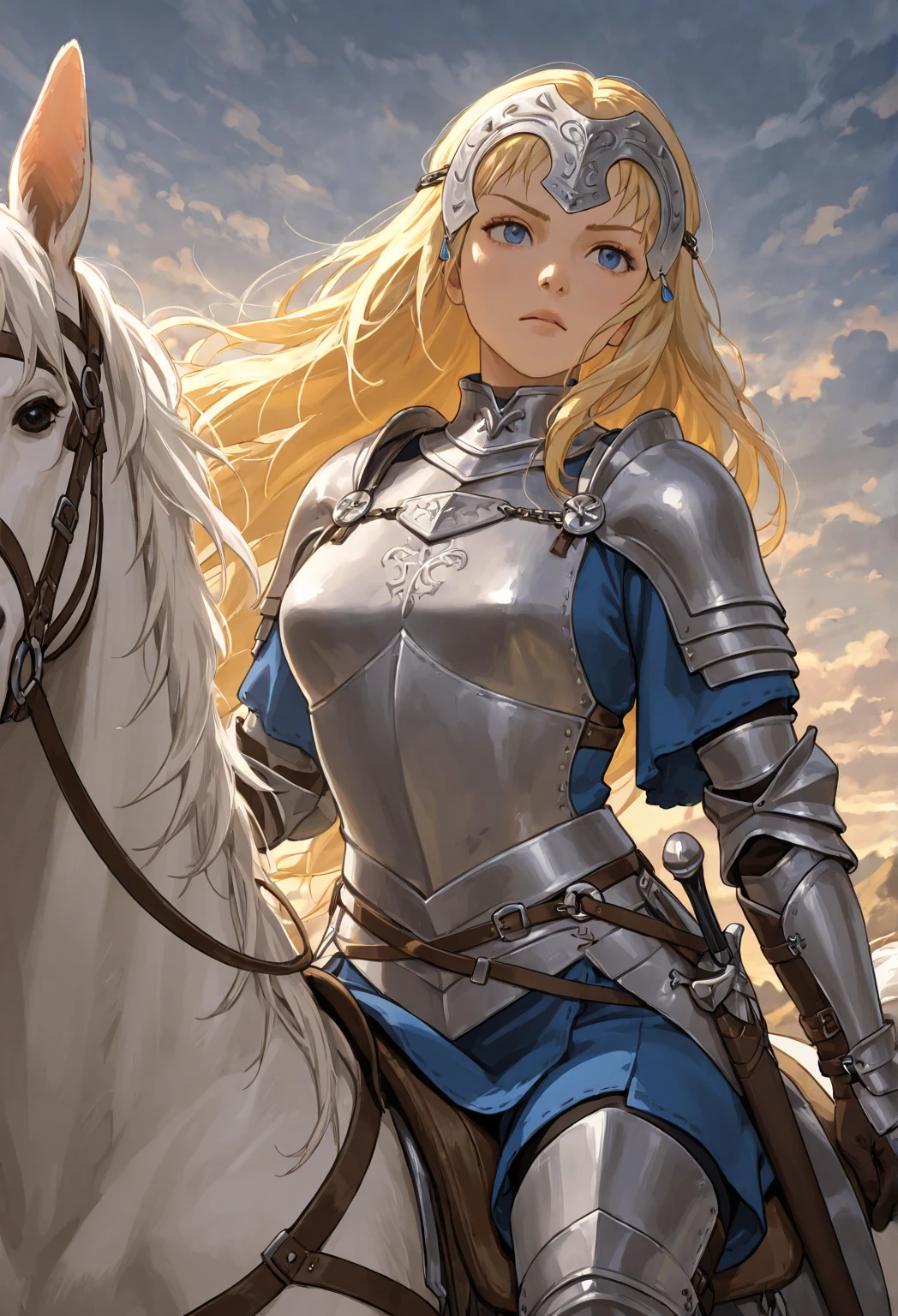 4K,High resolution,One Woman,centaur,Blonde,long hair,Blue Eyes,Brown fur,Valkyrie,White sacred armor,Full Armor,White gloves,Winged headgear,Jewelry decoration,Holy Sword,Temple in the Sky