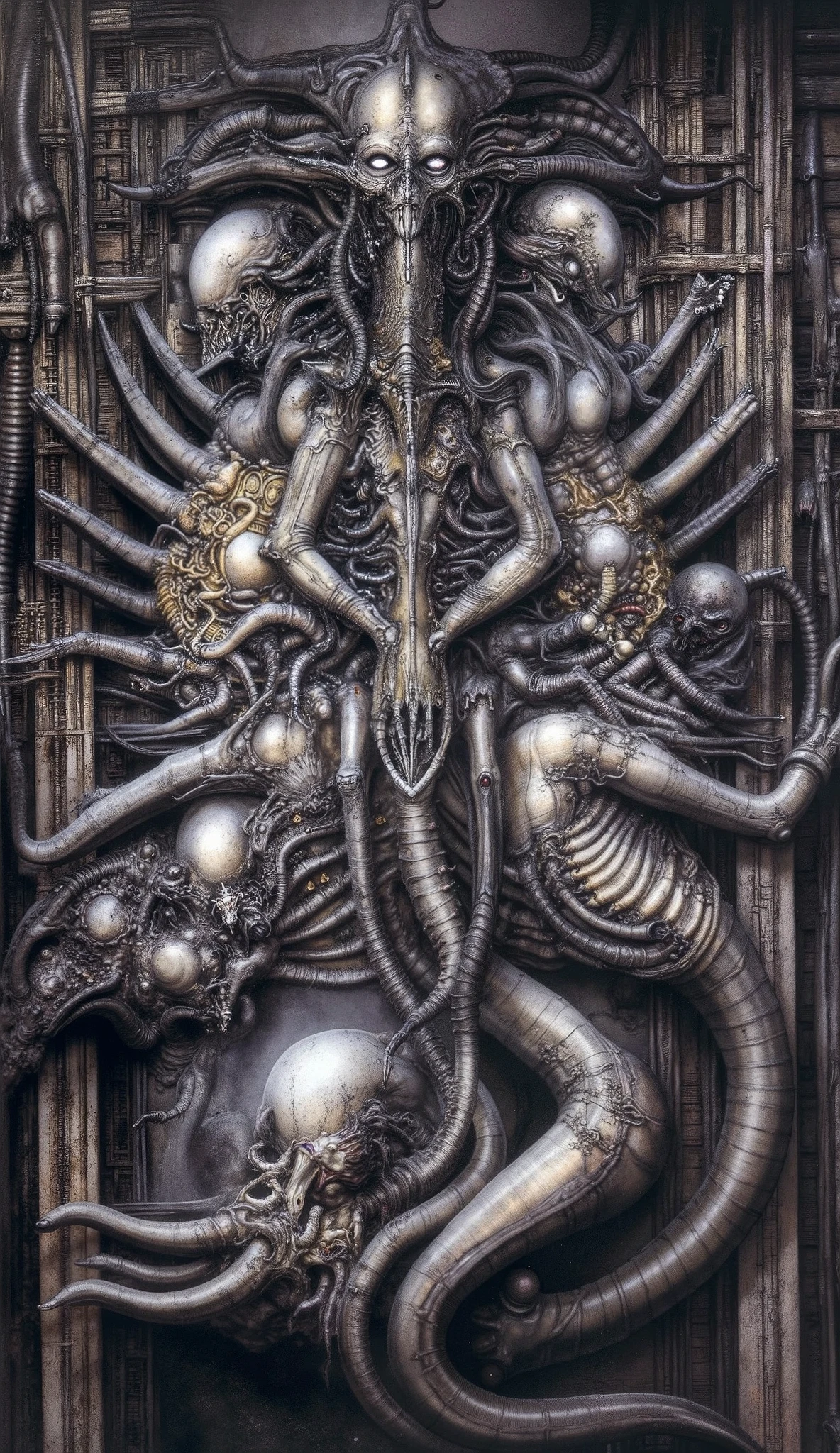Please reproduce the original image as accurately as possible, capturing the intricate details of the biomechanical structures, the dramatic lighting, and the overall sense of unease. Find and enhance depiction of Giger's demons and creatures.(best quality:1.4). Use DARK BLACK COLORS.The final image should evoke the same sense of awe and dread as the original artwork by H.R. Giger,, (best quality:1.4), H.R. GIGER, BY GIGER, a mural depicting a woman with dark powers connected to death and darkness, tendrils stretch from her fingertips, monsters lay at her feet, she is the mother of monsters, she feeds the monsters via tentacles on her fingertips, mother of all monsters, codex, her eyes shine red, golden details, she feeds monsters, symmetrical, perfect, evil, darkness,