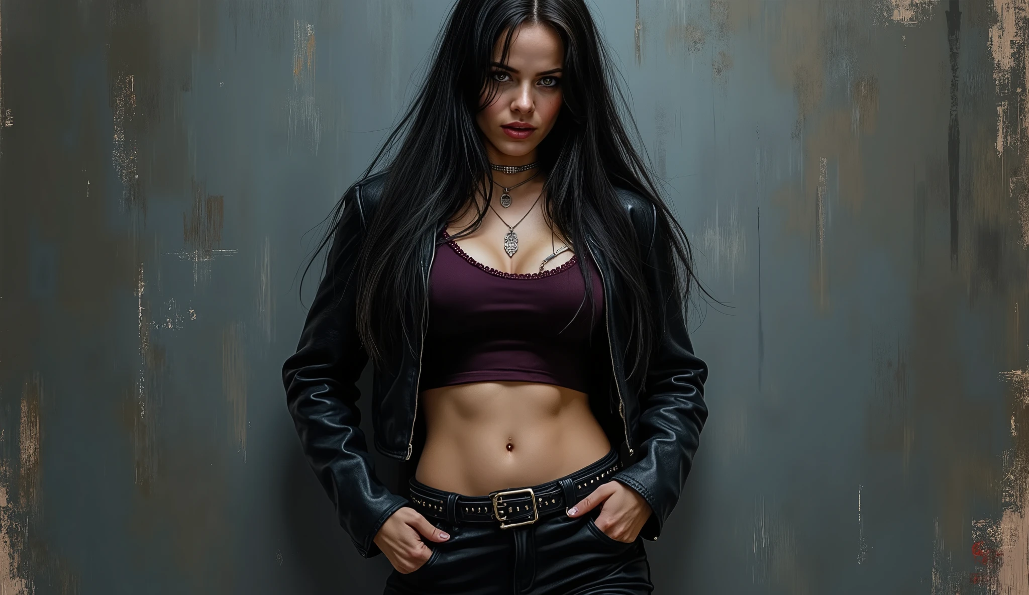 A highly detailed dark fantasy illustration of a leggy dark edgy curvaceous extremely fit heavily muscled woman portrayed by a young Phoebe Tonkin dressed in a gothic/punk style. She's wearing a black leather jacket, a dark crop top, and black pants with a belt. Her long black hair is flowing and slightly disheveled, creating a dramatic effect. The artwork has a gritty, intense atmosphere enhanced by the color palette of blacks, deep reds, and browns. The background is textured in muted tones. The lighting creates strong contrasts, emphasizing the moody and dramatic nature of the piece. The overall composition suggests a character design that might be from a gothic fantasy or dark urban fantasy setting, with strong influences from punk and metal subcultures in the styling and accessories. The background is of textured brushstrokes in charcoal grey and midnight blue.