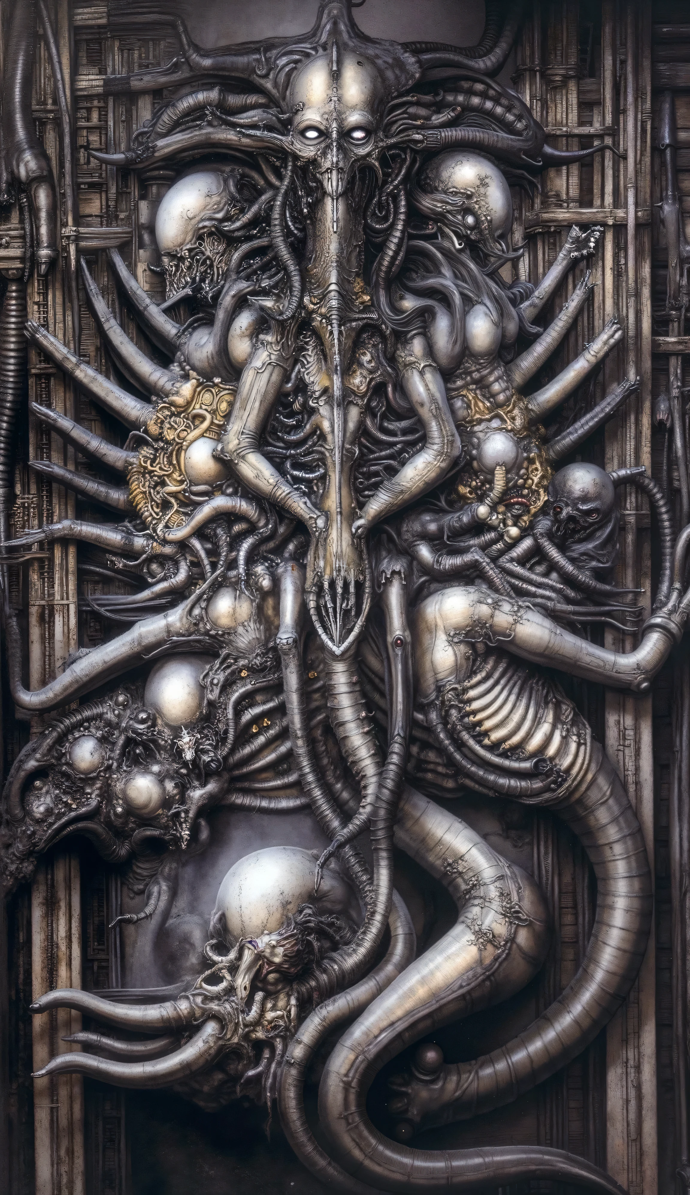 Please reproduce the original image as accurately as possible, capturing the intricate details of the biomechanical structures, the dramatic lighting, and the overall sense of unease. Find and enhance depiction of Giger's demons and creatures.(best quality:1.4). Use DARK BLACK COLORS.The final image should evoke the same sense of awe and dread as the original artwork by H.R. Giger,, (best quality:1.4), H.R. GIGER,  BY GIGER, a mural depicting a woman with dark powers connected to death and darkness, tendrils stretch from her fingertips, monsters lay at her feet, she is the mother of monsters, she feeds the monsters via tentacles on her fingertips, mother of all monsters, codex, her eyes shine red, golden details, she feeds monsters, symmetrical, perfect, evil, darkness, 