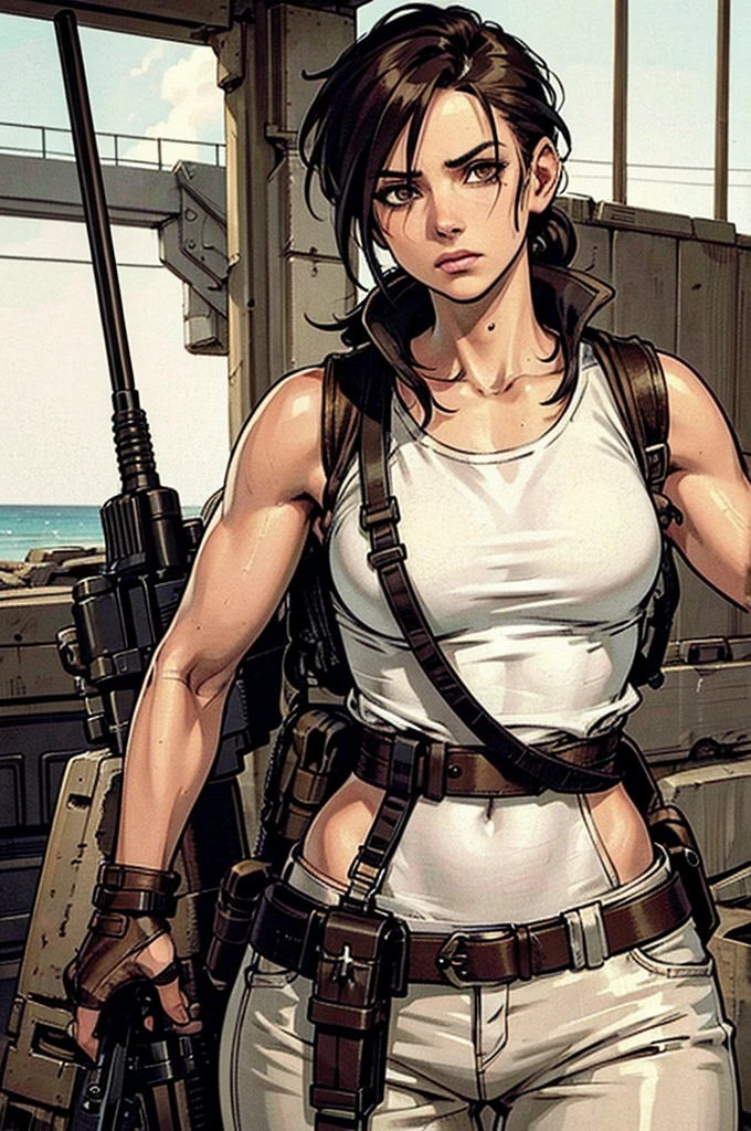 a military woman, well trained body, white sleeveless t-shirt, Exposed collarbone, beige leather shelter, blue pants, two leather belts with gun pockets, dark brown hair, carving, Brown eyes, hazel left eye, left eye with a scar, beach shore, at daytime, getting off a water boat, threatening expression looking at viewer, sparkling beach, palm trees around, In a post-apocalyptic environment, post - apocalyptic cowgirl, Post - Apocalyptic style, Post apocalyptic clothing, pose, post-apocalyptic, Postapocalyptic style, post apocalyptic grunge, Post - Apocalyptic Scavenger. (Ultra quality) 8k quality, detailed, perfect light, perfect angle, perfect sharpness. Boromey Meas