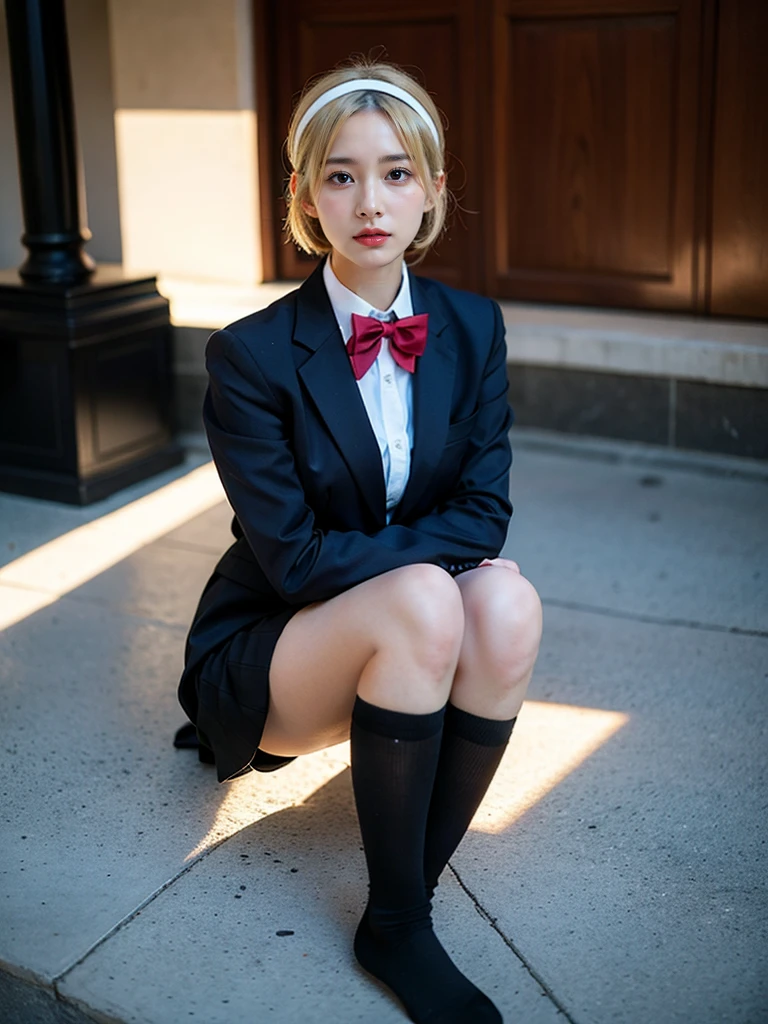 ulzzang -6500-v1.1, (Raw foto:1.2), (Photorealsitic:1.4), a beautiful detailed girl, ((a blond)), ((short-cut)), extremely detailed eye and face, beatiful detailed eyes, Ridiculous, unbelievable Ridiculous, huge filesize, ultra-detailliert, hight resolution, ighly detailed, top-quality, ​masterpiece, Kemomimi, ((Japanese girls' high school uniform)), illustratio, ighly detailed, nffsw, unification, 8k wallpaper, astonishing, finely detail, ​masterpiece, top-quality, Highly detailed ticker uniform 8K wallpaper, face lights、Cinematographic lighting、1girl in、sixteen years old、(witheout panties)、((dynamicposes)))、(camel's toe)、(half)、、(Crooked knees and legs sitting))