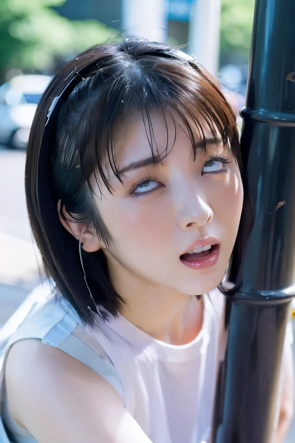 Close-up of face, (lean against a pole:1.5), ( top quality, masterpiece:1.2), highly detailed , high res, 8k Wallpaper, perfect dynamic composition, Eyes with Attention to Details , look up at the sky, summer trend fashion, open mouth, licking, gape mouth, She squints her eyes, (orgasm face:1.5), (Woman with open mouth and narrowed eyes, deep acme: 1.1), Surrounded by people, 20 years old, cute Japanese woman, sexy style ,in a busy city, Tokyo , camera sexy shot, summer fashion ,Summer clothes, see-through