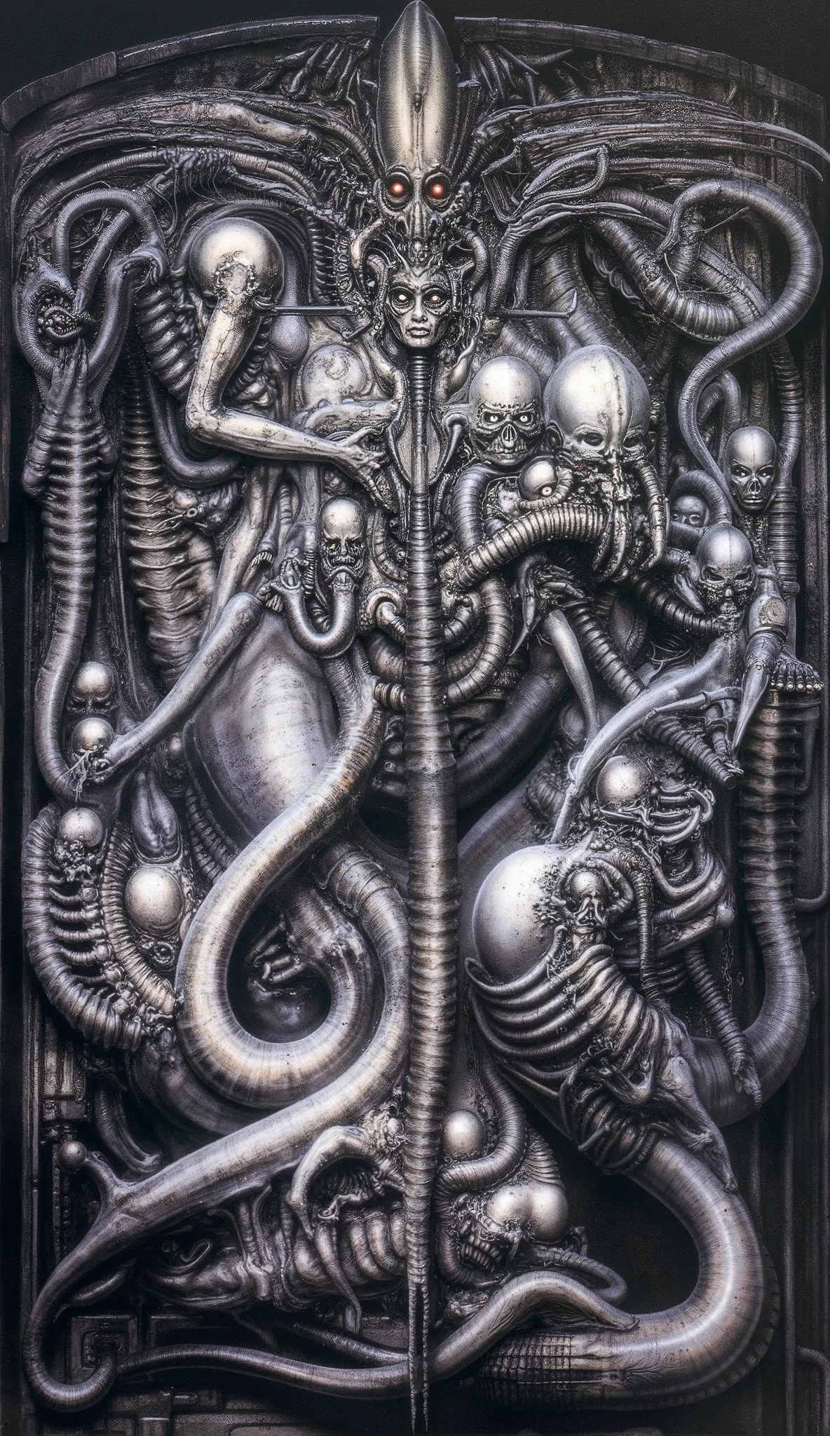 Please reproduce the original image as accurately as possible, capturing the intricate details of the biomechanical structures, the dramatic lighting, and the overall sense of unease. Find and enhance depiction of Giger's demons and creatures.(best quality:1.4). Use DARK BLACK COLORS.The final image should evoke the same sense of awe and dread as the original artwork by H.R. Giger,, (best quality:1.4), H.R. GIGER,  BY GIGER, a mural depicting a woman with dark powers connected to death and darkness, tendrils stretch from her fingertips, monsters lay at her feet, she is the mother of monsters, she feeds the monsters via tentacles on her fingertips, mother of all monsters, codex, her eyes shine red, golden details, she feeds monsters, symmetrical, perfect, evil, darkness, red eyes, eight arms, insect wings, hive queen, beautiful, sacred geometry, 