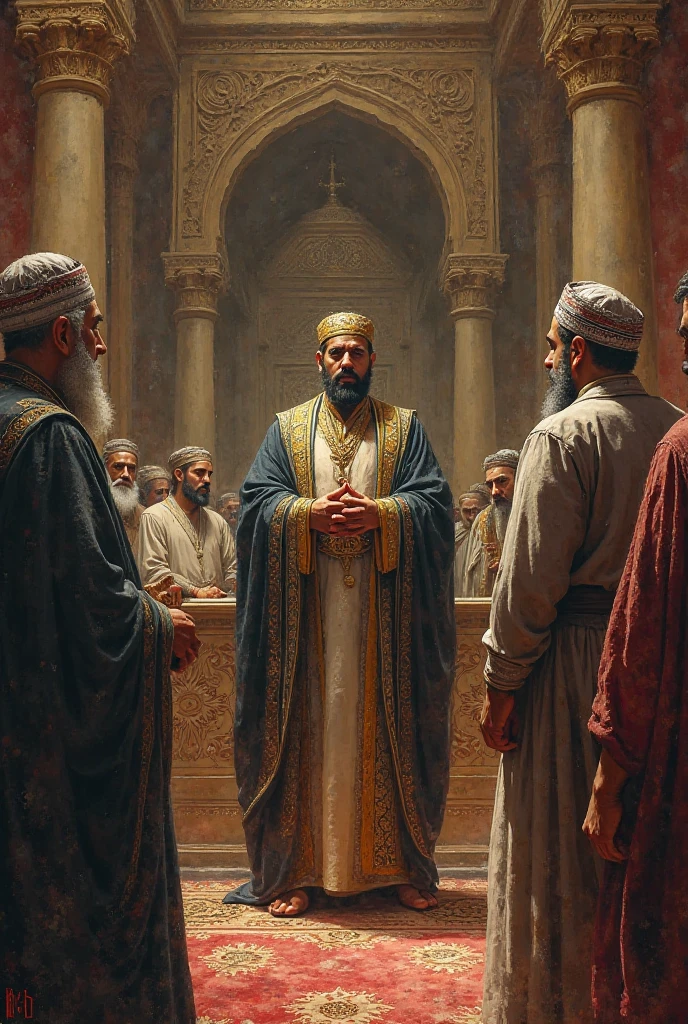 Man being honored by king before servants in Middle Persia