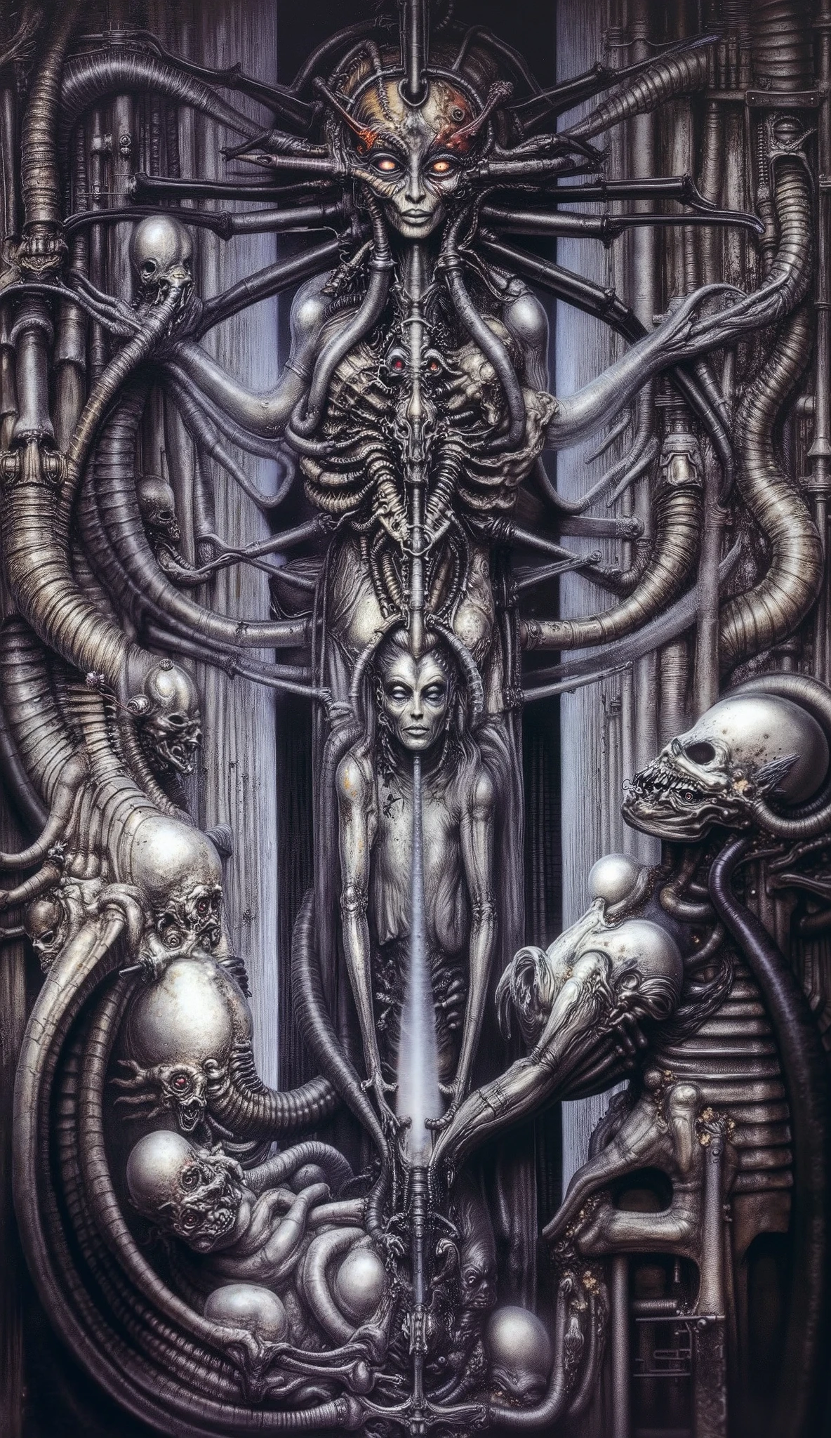 Please reproduce the original image as accurately as possible, capturing the intricate details of the biomechanical structures, the dramatic lighting, and the overall sense of unease. Find and enhance depiction of Giger's demons and creatures.(best quality:1.4). Use DARK BLACK COLORS.The final image should evoke the same sense of awe and dread as the original artwork by H.R. Giger,, (best quality:1.4), H.R. GIGER,  BY GIGER, a mural depicting a woman with dark powers connected to death and darkness, tendrils stretch from her fingertips, monsters lay at her feet, she is the mother of monsters, she feeds the monsters via tentacles on her fingertips, mother of all monsters, codex, her eyes shine red, golden details, she feeds monsters, symmetrical, perfect, evil, darkness, red eyes, eight arms, insect wings, hive queen, beautiful, sacred geometry, 