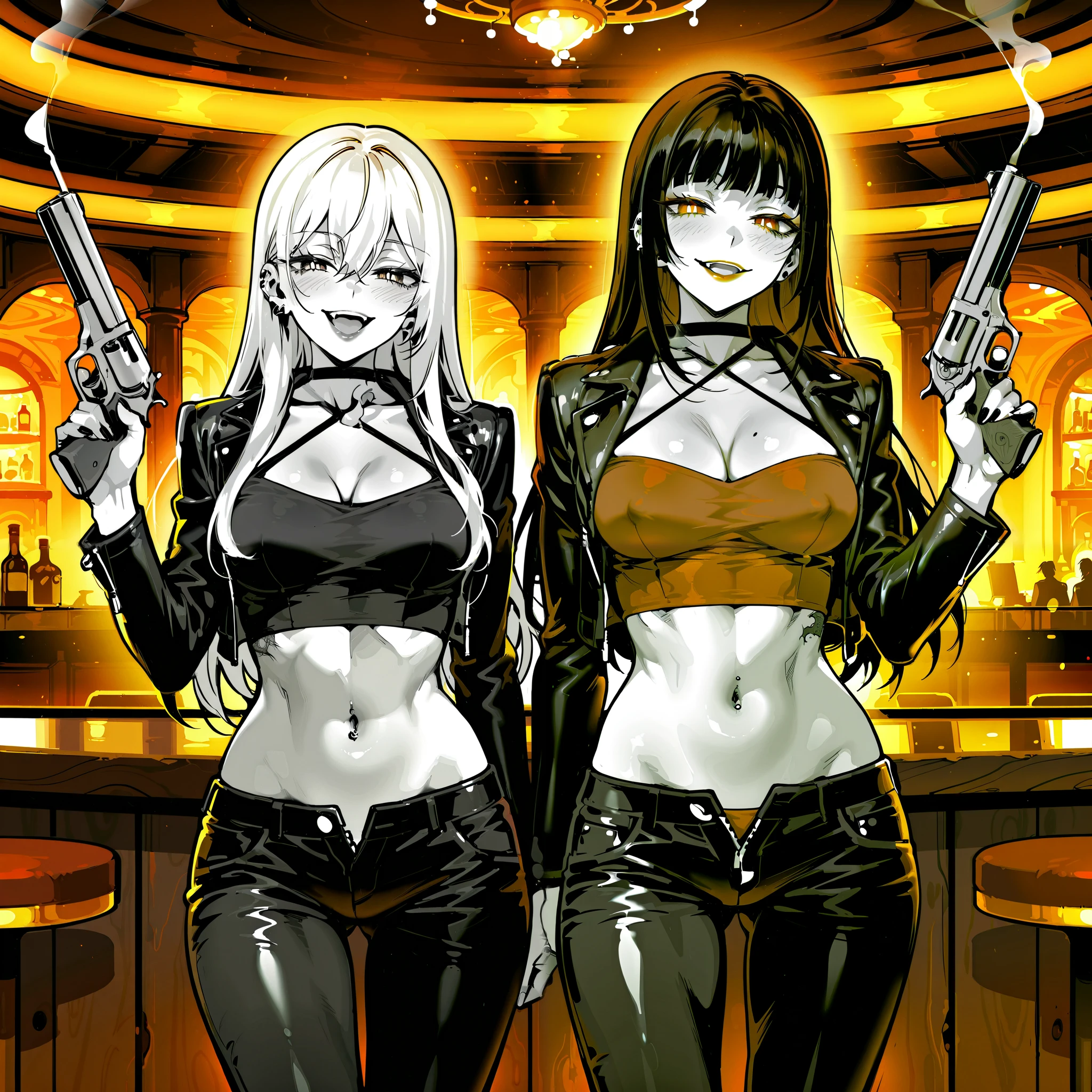 score_9, score_8_up, score_7_up, score_6_up, source_anime, BREAK, 2girl, two girls, , thin waist, wide hips, beautiful skin, piercing eyes, clear eyes, bright pupils, beautiful eyes, , medium breasts, natural beauty, extraordinary beautiful woman, attractive woman, super sexy woman, lustful body, sexy woman with seductive obscene body,,, ear piercing, long hair, blush, lipstick,Hot girl, baddie, smoking, sensual, attractive ,bar
background, inside bar,indoors, casino, masterpiece, best quality, highly detailed, a girls with a gun, evil smile , open mouth, sexy gaze, badass
pose , evil smile, smile, (nsfw) not safe for work, guns blazing, anime girl with long hair, beautiful long
haired girl, navel, evil expression, exposed belly, exposed navel, exposed midriff, exposed lower belly,
long black pants, crop top, cleavage, unbuttoned leather pants ,open fly, low rise black leather pants,
leather jacket, holding a gun, holding pistol, navel piercing, , criss-cross halter,, dragon tattoo, narrowed eyes, tattoo midriff, dual wielding,
