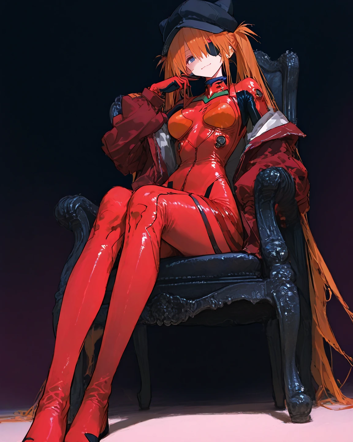 A girl with red cat ears, red hair, ponytail, she is wearing a red strapless dress that leaves her thighs and legs and feet exposed, full body, she is sitting and tied to a tickle torture chair, her legs are stretched and her ankles are tied, in a high-class ballroom, there are men in suits in the background and an audience in the background, she is wearing red gloves that go from her hands to half of her arms, long and perfect legs