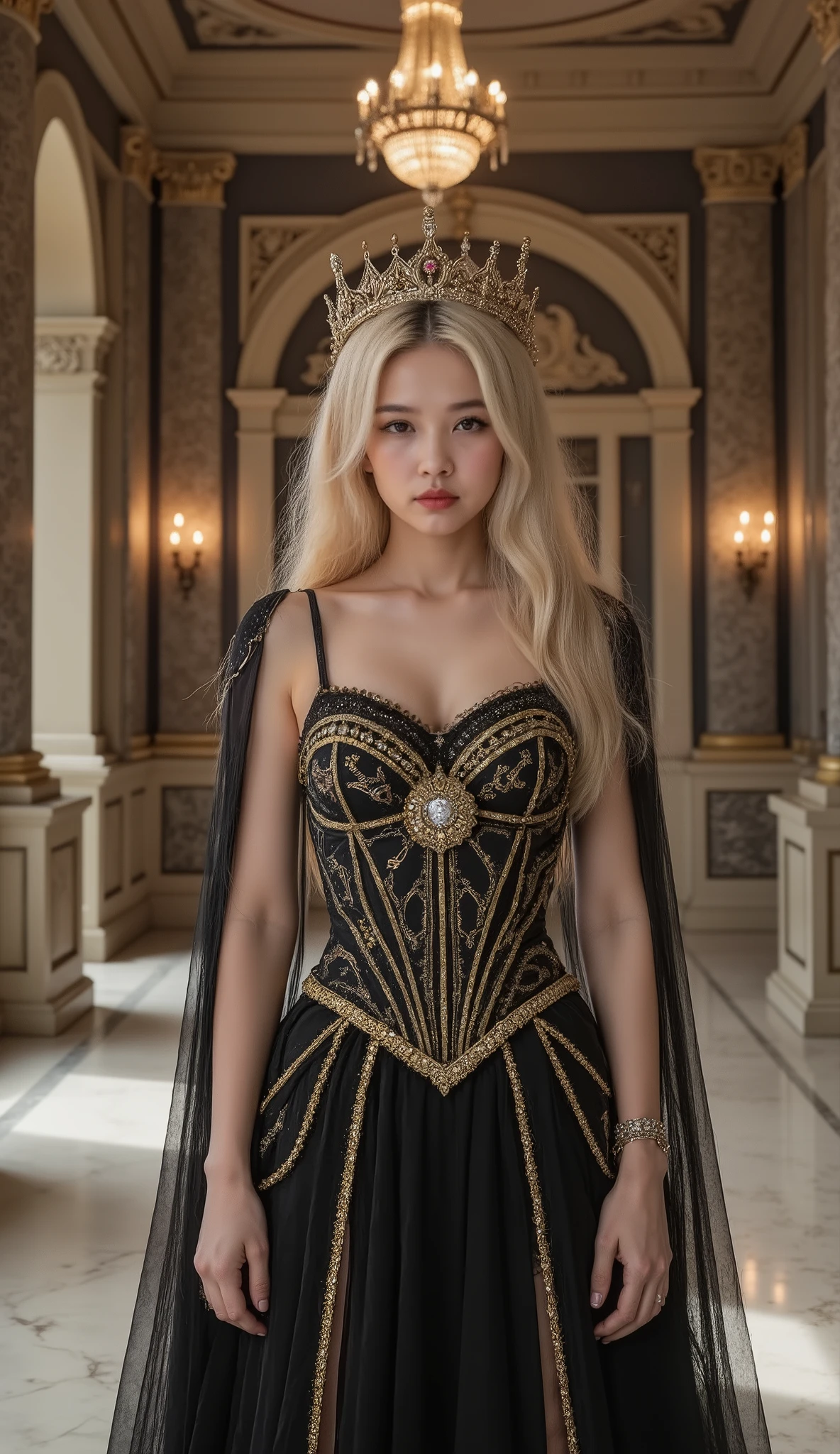 Fantasy art, (front focus ), 1girl , Alone, blonde hair, wearing the king's crown , wears a black-gold dress, He was in the hallway of a magnificent palace., very realistic, 8k, close-up