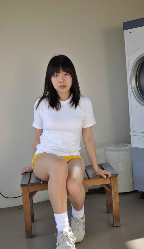 ,(tanned skin:1.3), japanese female,mascular thighs,sport jersey short pants,white t-shirt,curvy,at park,sandals,natural black hair,standing,smile,,(from below,thighs focus),sitting on chair