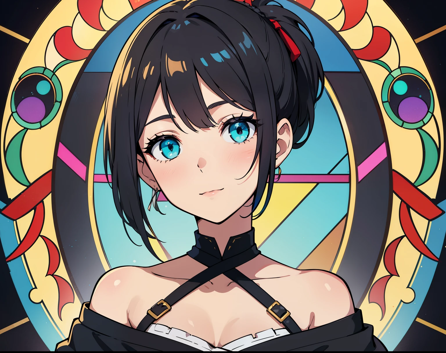 (high-quality, breathtaking),(expressive eyes, perfect face) portrait, halfbody, 1girl, female, solo, ager, Symmetrical Eyes, age 16, cyan color eyes, short hair length, soft flowy hair, soft smile, side bangs, braid hair, red ribbon, ribbon behind hair, mini braids hairstyle, ponytail hairstyle, looking at viewer, happy expression, blonde hair color, black hair color, multicolored hair, stain glass mirror lighting background, Chloe Price Character, modern clothing, tunic, shawl, tarot card frame,
