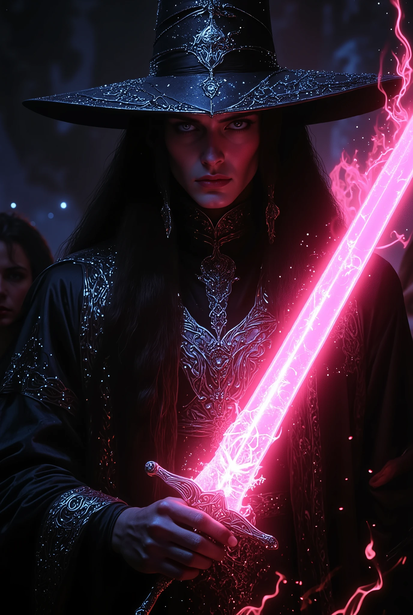 A mysterious figure stands cloaked in shadows, the air around them charged with a magical energy that pulses like a heartbeat. Their piercing gaze, illuminated by a faint glow, locks onto the viewer, holding an aura of both mystery and raw power. The character is clad in an elegant and flowing black wizard's robe adorned with intricate silver embroidery that weaves patterns resembling ancient runes and constellations. The robe’s fabric shimmers faintly, as though infused with otherworldly magic. Atop their head rests a tall, pointed black wizard’s hat, the brim adorned with delicate silver charms that sway gently as if responding to unseen forces. Underneath the robe, the sorcerer wears a turtleneck in an old rose-pink hue, providing a striking yet harmonious contrast to the dark, enigmatic outfit. The subtle color exudes a sense of warmth amid the shadowy ambiance, hinting at the complexity of their character—a balance between light and dark, destruction and creation. In their hands, they grip the hilt of a radiant, old rose-pink sword that hums with a soft, enchanting sound, its glow casting shimmering reflections onto the figure’s face. The blade itself is alive with light, its surface sparkling as if embedded with countless tiny stars. Trails of luminous pink energy flow along the edges, swirling and dancing in the air, leaving behind a path of glowing dust that seems to defy gravity. The sorcerer holds the sword upright, its tip barely touching the ground as though channeling immense power through it. Sparks of pink magic scatter outward, illuminating the darkness and casting flickering shadows across their intense, determined expression. Flames of the same old rose-pink hue flicker softly around the blade, further enhancing the weapon’s ethereal beauty and undeniable strength. The surrounding environment is cloaked in darkness, with hints of glowing embers and faint magical sigils etched into the air. The atmosphere is thick with tension and power, as thou