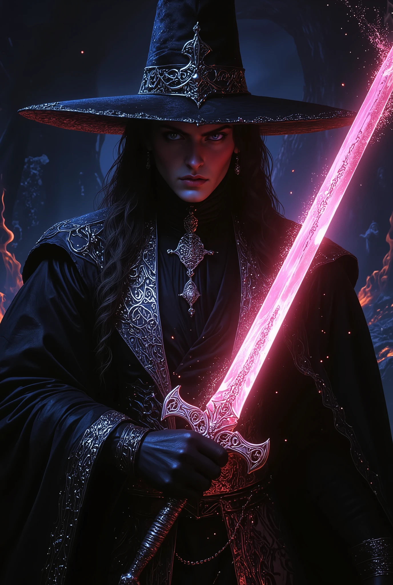 A mysterious figure stands cloaked in shadows, the air around them charged with a magical energy that pulses like a heartbeat. Their piercing gaze, illuminated by a faint glow, locks onto the viewer, holding an aura of both mystery and raw power. The character is clad in an elegant and flowing black wizard's robe adorned with intricate silver embroidery that weaves patterns resembling ancient runes and constellations. The robe’s fabric shimmers faintly, as though infused with otherworldly magic. Atop their head rests a tall, pointed black wizard’s hat, the brim adorned with delicate silver charms that sway gently as if responding to unseen forces. Underneath the robe, the sorcerer wears a turtleneck in an old rose-pink hue, providing a striking yet harmonious contrast to the dark, enigmatic outfit. The subtle color exudes a sense of warmth amid the shadowy ambiance, hinting at the complexity of their character—a balance between light and dark, destruction and creation. In their hands, they grip the hilt of a radiant, old rose-pink sword that hums with a soft, enchanting sound, its glow casting shimmering reflections onto the figure’s face. The blade itself is alive with light, its surface sparkling as if embedded with countless tiny stars. Trails of luminous pink energy flow along the edges, swirling and dancing in the air, leaving behind a path of glowing dust that seems to defy gravity. The sorcerer holds the sword upright, its tip barely touching the ground as though channeling immense power through it. Sparks of pink magic scatter outward, illuminating the darkness and casting flickering shadows across their intense, determined expression. Flames of the same old rose-pink hue flicker softly around the blade, further enhancing the weapon’s ethereal beauty and undeniable strength. The surrounding environment is cloaked in darkness, with hints of glowing embers and faint magical sigils etched into the air. The atmosphere is thick with tension and power, as thou