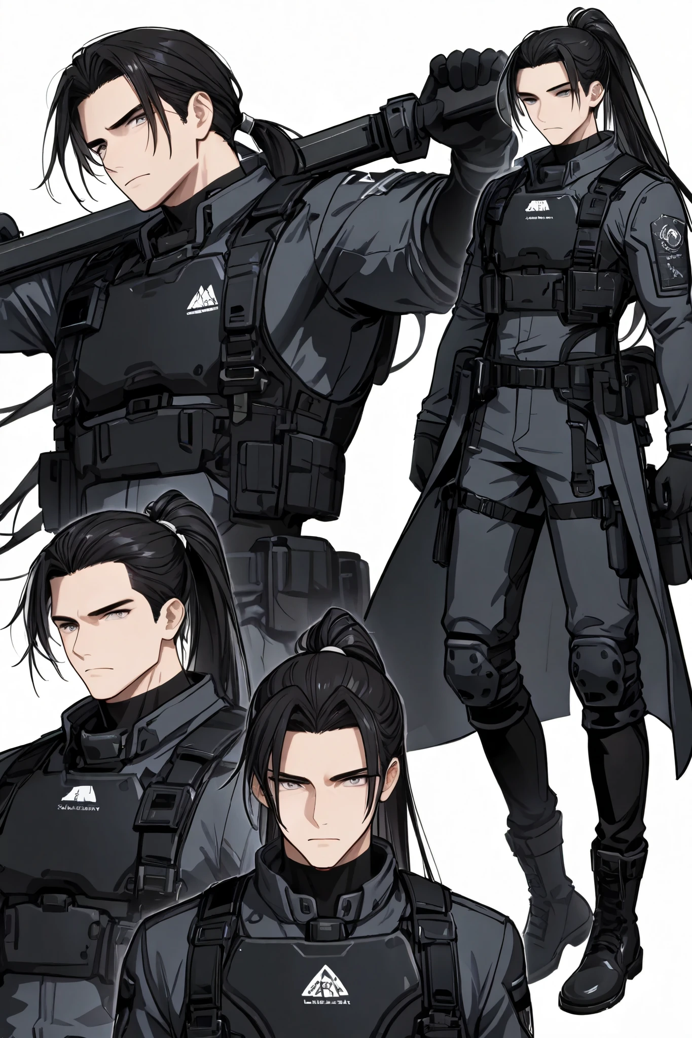 3 poses, turnaround character expression sheet: 1man, lean build, tall, very long dark hair in ponytail, grey eyes, tactical outfit(all black), black leather boots, standing pose, white background, absurdres, highquality, -upscale-