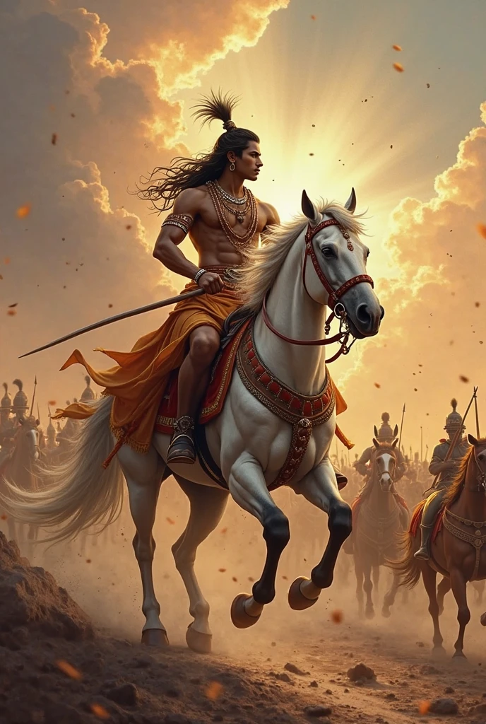 Create a image of lord Kalki, white horse standing in his back and a long sword in his hand. Wearing yellow dhoti, Looking like a warrior. Full and Front view from the battlefield.