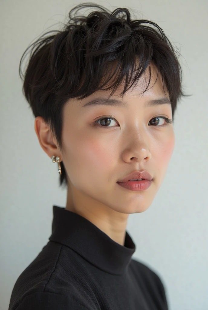 ((masutepiece, of the highest quality, High Definition)), 1 girl, (Photorealistic: 1.4), Solo, White background, with a pure white background, Mouth closed, Happy smile, Happy smile, pretty black hair, Short hair, Big eyes, clear double eyelids, Eyelashes, Ears out, long neck, long neck, Absolute area, ((Face Close-up)), (Draw all the heads, shoulders), 19 years old, Attractive proportions, Shiny skin, Clean collarbone, Golden Ratio Face, Perfect face, tear moles, Mole on chest, Bangs, Clean bangs, Beautiful bangs, Lip gloss, thin lips, Fair skin, Naked, Big breasts, a small face, a small face, All heads are painted, The shoulders are all drawn, Staring at the camera slightly above??