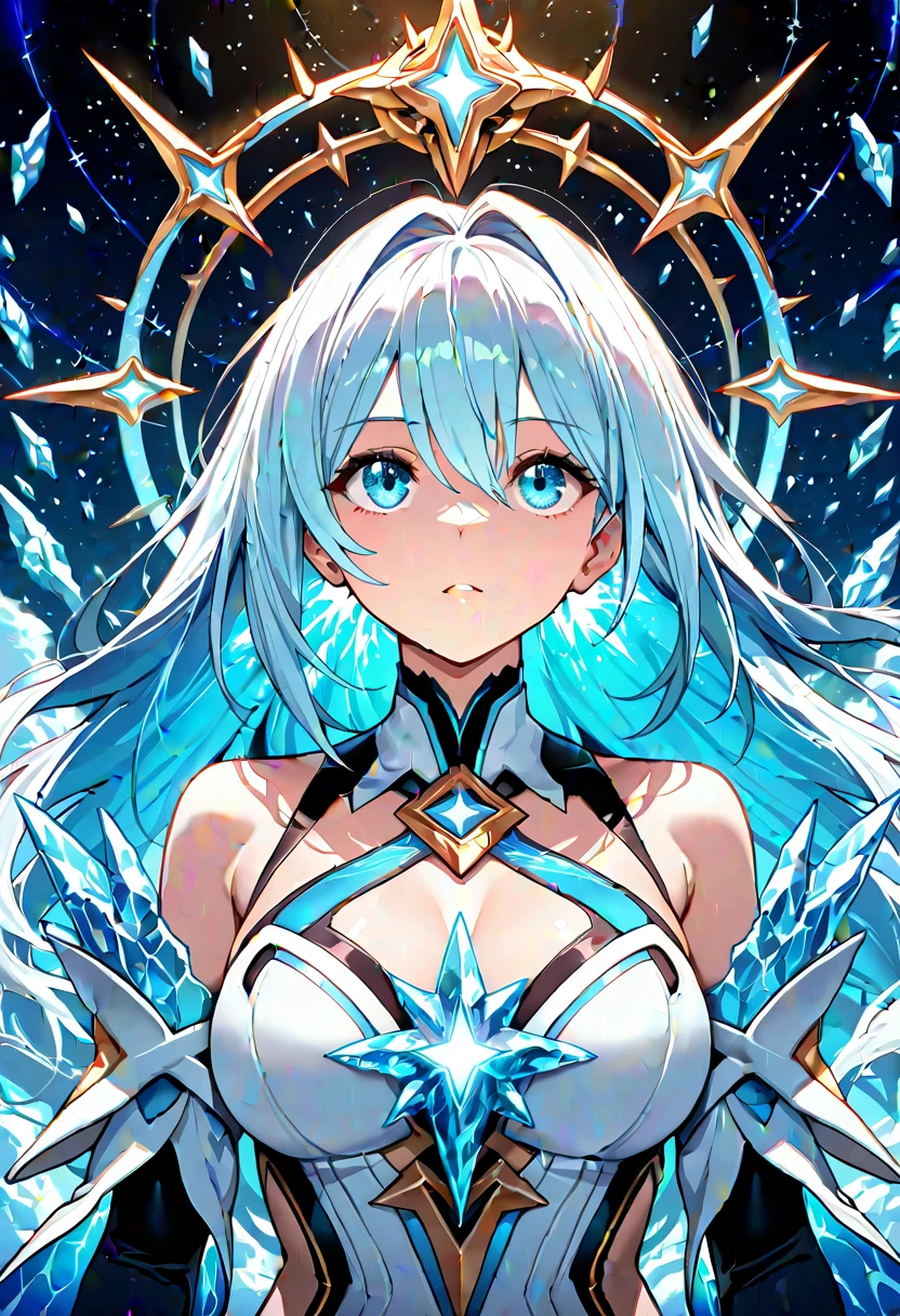woman, long silver hair, blue eyes, regal white and blue dress, ice crown, stern face