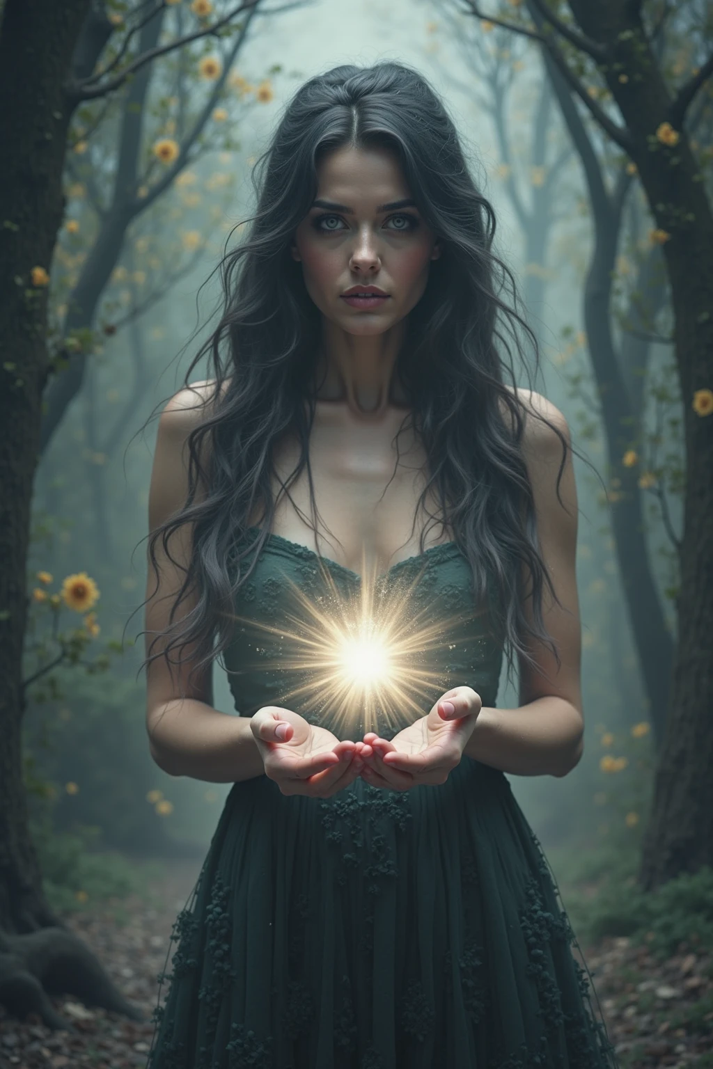 Bruxa velha, em uma floresta iluminada pelo sol, cheio de cristais com brilhos em forma de chakra