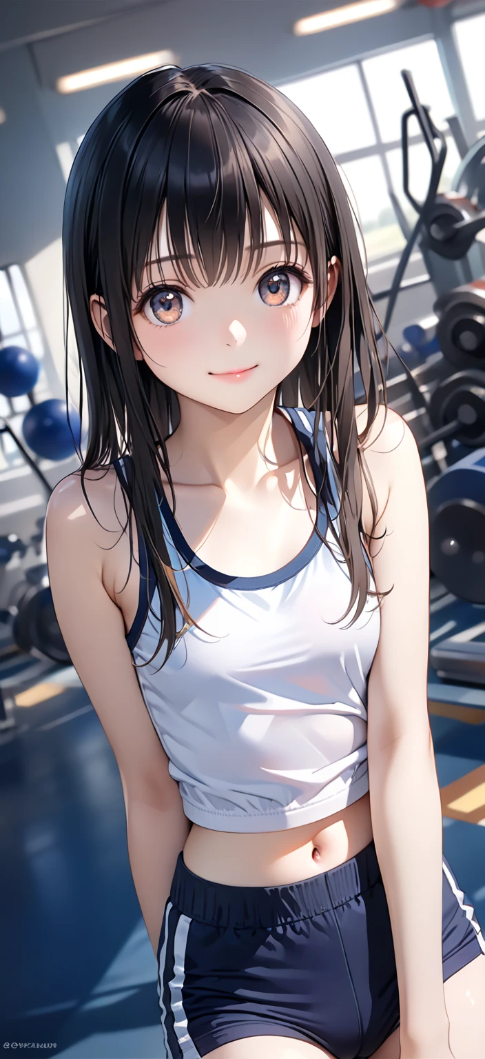 highest quality、elementary school bra、beige shorts、cool look、sexy pose in the room、armpit sweat、grass、ecstasy face((table top)), (1 girl:2.0), (highly detailed face, smile) , (slender physique), (japanese girl), ((Athletics Club Member, Long-distance runner)), Slightly round face,  cute, Big eyes