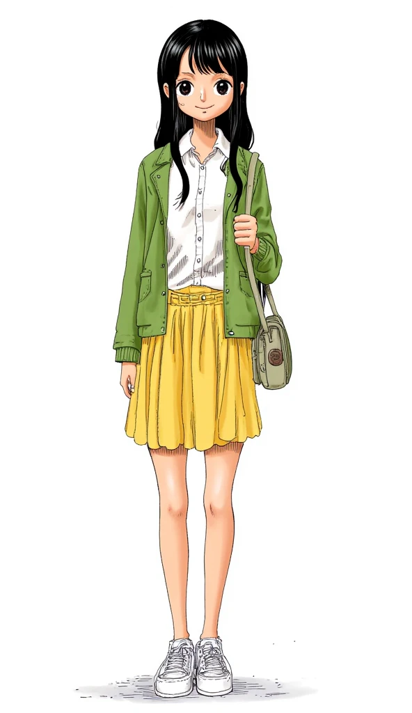 I would like a women's fashion sketch. I want a white baby tee with a matcha green gradient on the shoulders and sleeves forming a gradient on the blouse with the white part. I still want a small Brazilian flag on the top left of the baby tee..
I would like a short pleated skirt in matcha green with a straight hem in yellow.. I also want a thin belt with a leopard print and white flip-flops on my feet..
