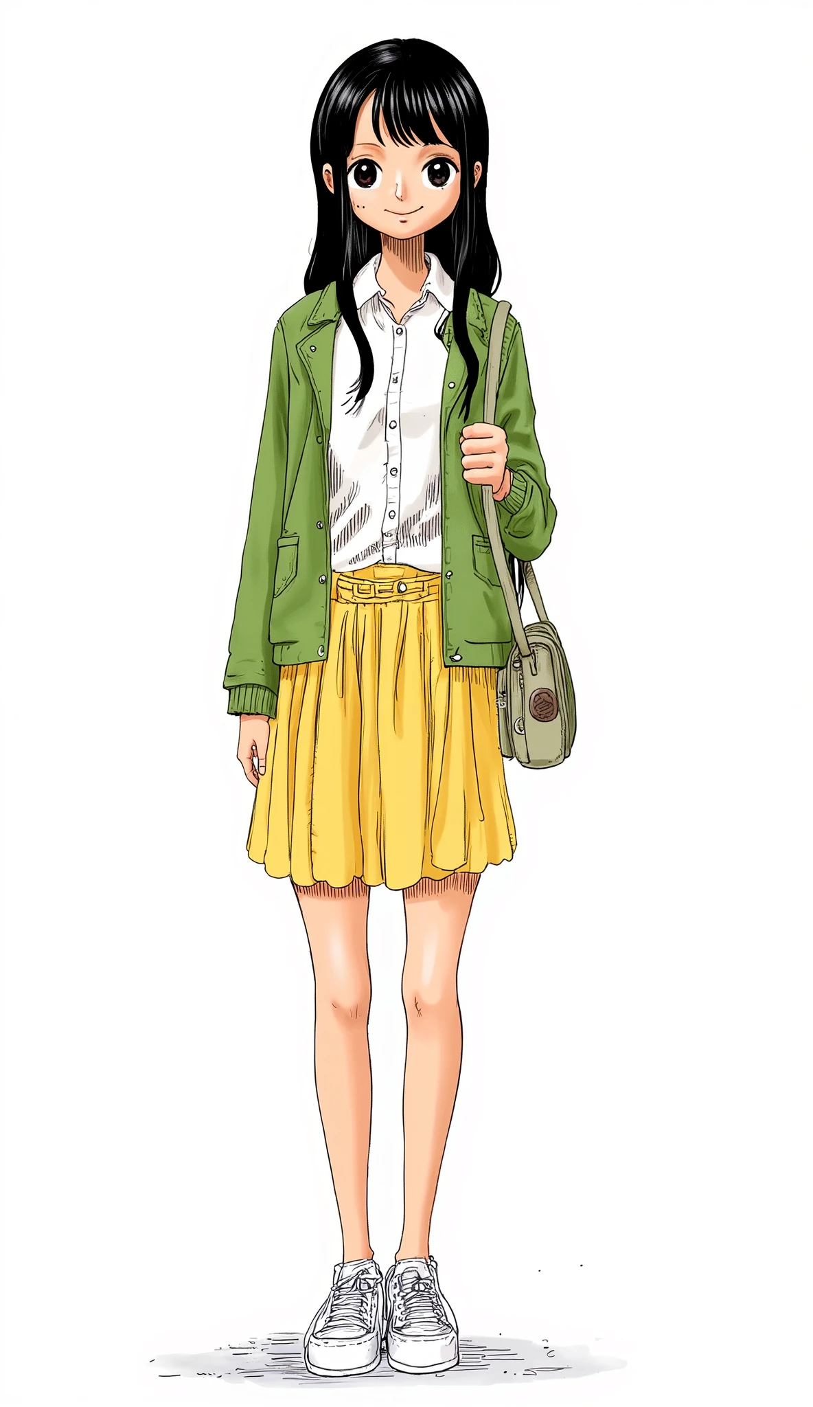 girl、background is stark white、on3pi3c3styl3、ground、pastel collar、Easy-to-read illustrations、 detailed hands、 Details、Perfect piece、high quality、32K、Alone、 alone、Semi-realistic、 perfect eyes、detailed eyes、 beautiful face、detailed faces、( full shot without being short:1.6)、Big Breasts、cartoon dress character design、(perfect face:1.6)、Beauty、 detailed illustrations 、Fine Lines、 nice smile、shame、Portrait Photography、cool beauty、((A BLACK)hair、Heights Intertel、(Green) jacket、(white) shirt、 Attache Case 、(yellow)pleated skirt、Sneakers、I have a Glock 17)、 location= Libraries