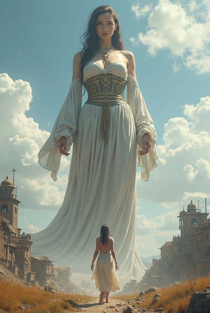 goddess、Athena、Beautiful long dress、Aerial view、Walking on clouds、迫り来るGiantess、Crush a small building、Powerful movements、Great impact、giantess、Giantess、A woman taller than a skyscraper、Realistic、Realistic、Realistic景色、Realistic女性、Cute woman、Young Japanese、short hair、Blonde Hair、Slim body、Destroyed City、rubble、A ruined world、GiantessにDestroyed City、Distant view of the city、Small buildings、小さなビルを踏むGiantess、Mountains visible in the distance