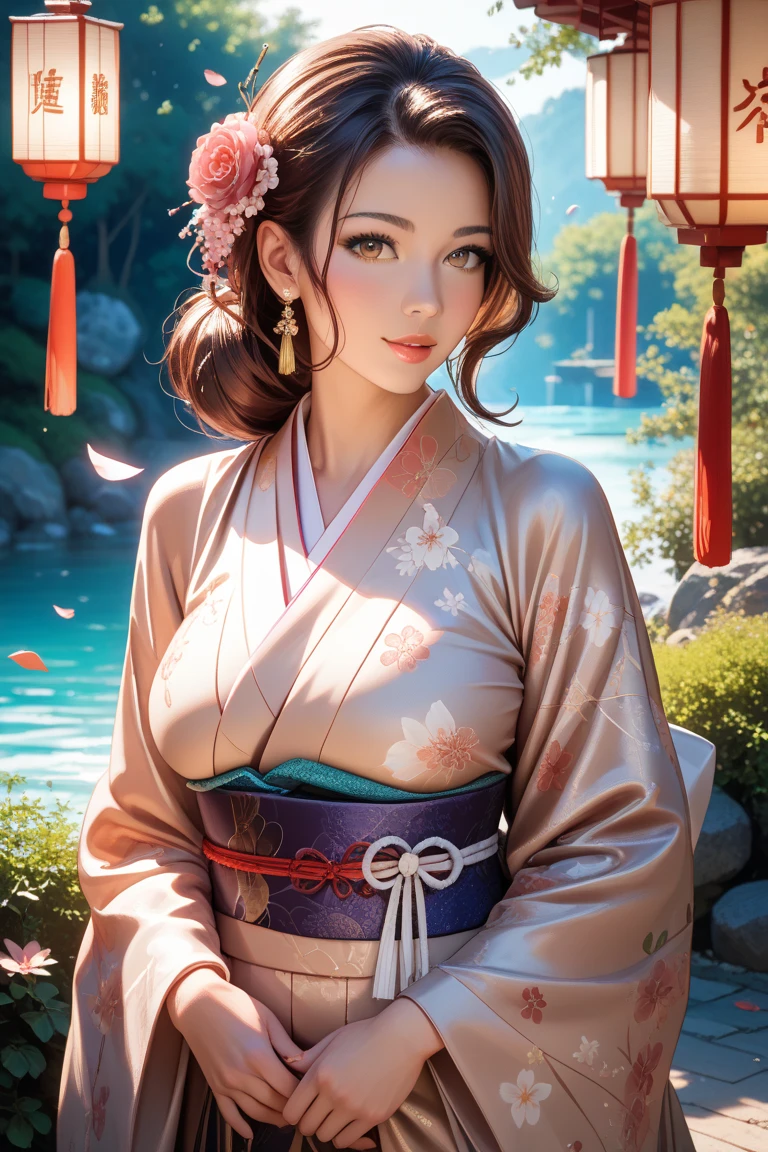 (Highest quality、 8k 、masterpiece、High resolution)、 Japanese painting、Vibrant colors、A woman wearing a kimono、Ample breasts、Hands on chest、(Highly detailed face and eyes,Beautiful Face,Beautiful Eyes,Beautiful nose,Pretty lips)、Dynamic painting technique、Japanese garden、Autumn scenery、autumn leaves、Starry Sky、Detailed Description、