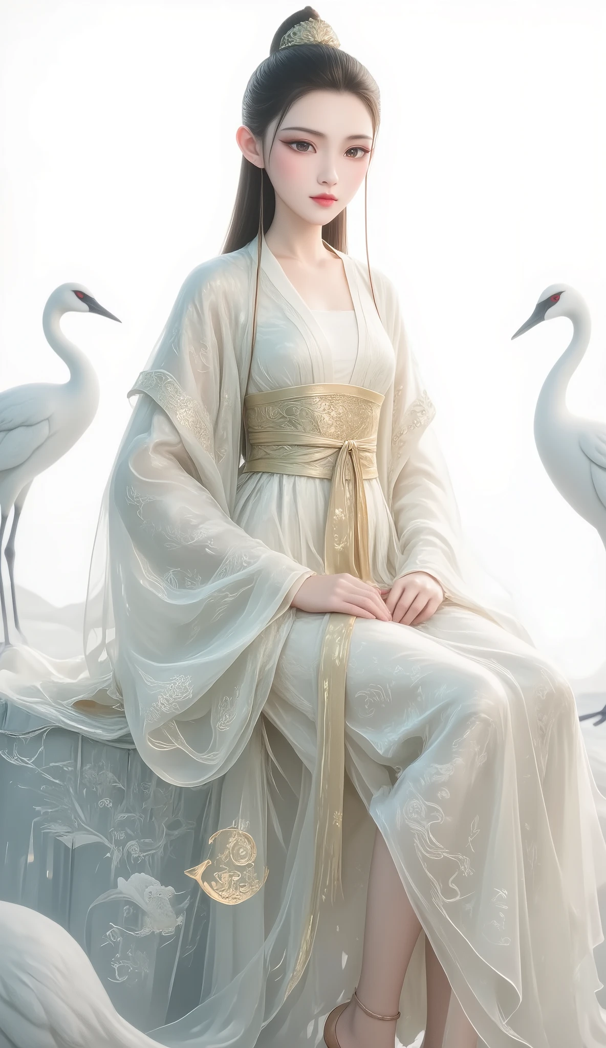 a girl, Ancient Chinese clothing,  full body,  sunshine, Clear face,   Clean White Background ,  masterpiece, super detailed,  Epic Composition,  Ultra HD, high quality, Extremely fine,  Official Art , Clear 8k Wallpaper , super detailed, 32K，CG，crane girl，Stockings