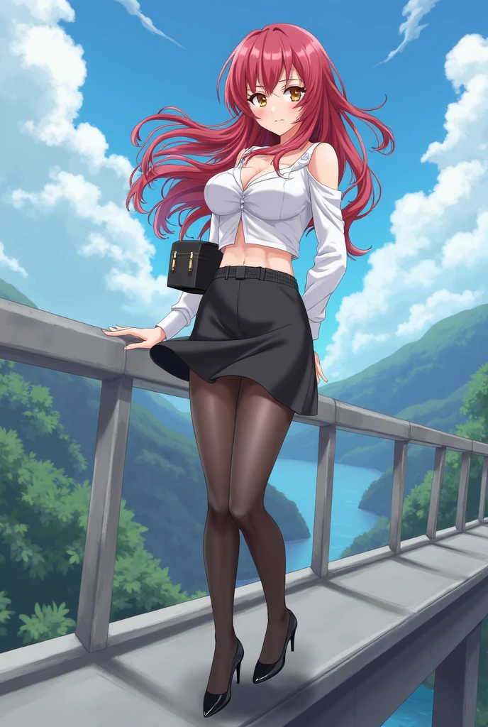 a woman wearing a black suit, burgundy tie, white t-shirt inside the suit, short black skirt, brown tights, black heels, long burgundy hair, burgundy eyes, on a high point of a rocky mountain, overlooking the a city, serious face, big breasts, full body,bloom,, HDR, ultra resolution, sharp, masterpiece, 8K HD
