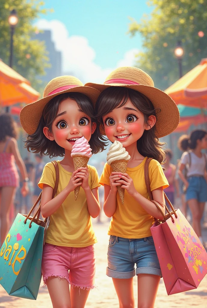 photorealistic, ultra HD, high quality, best quality, High resolution, 8k, 16k perfection in detail, Three girls standing in front of an ice cream stand, the girls hold ice cream cones with colorful ice cream scoops in their hands, the girls have a radiant smile, the girls wear bright floral summer dresses and golden sandals, the picture is very dynamic, it is a scene at a folk festival, in the background is an ice cream van, the sun shines very bright and golden