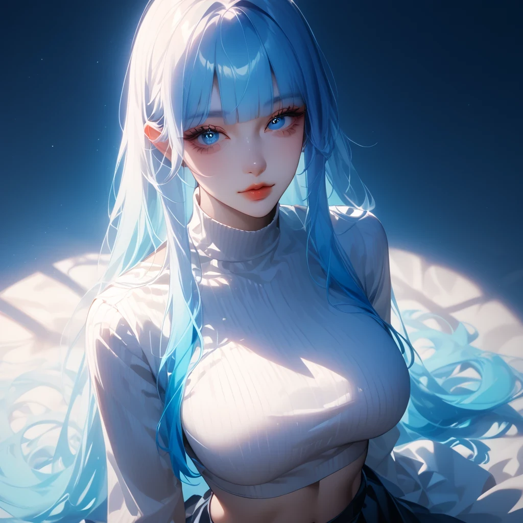 ((pastel blue black, hair, gradient hair ), best quality 、 Masterpiece、( professional lighting )、 surreal、( wearing high heels) , Charming、 slender supermodel 、 one adult female , ((from above, upper body, look at viewer), (slightly larger breasts, midriff peek ), (oily skin ), (Bright, beautiful blue eyes , ((hime cut, long hair)), (black ribbed dress、 Emphasize your breasts、Wide open , revealing clothes))) , ( beautiful face squinting in bright light ),